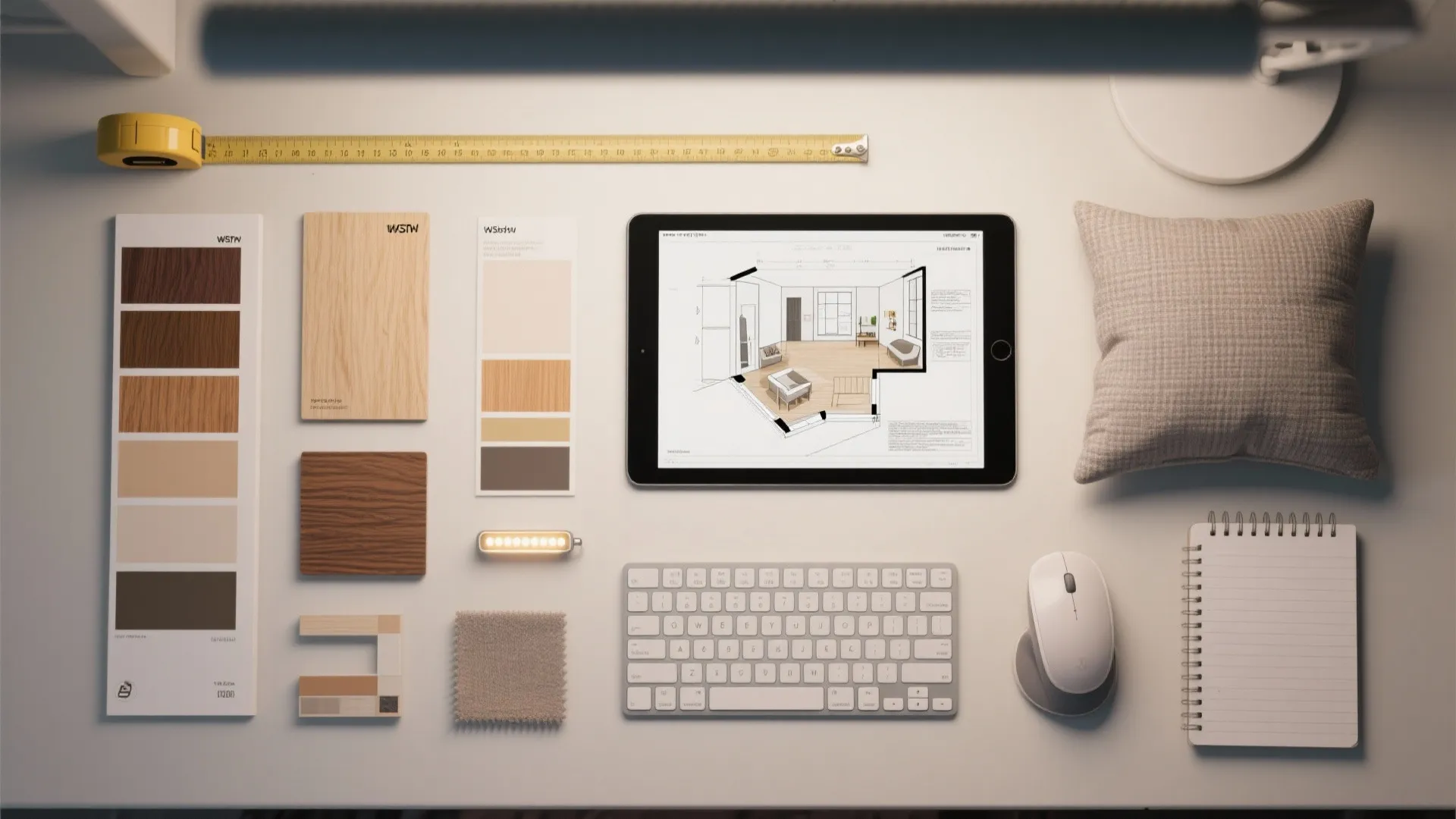 Top-down flatlay of planning tools: measuring tape, room planner tablet, paint swatches and material samples for a small-room desk.