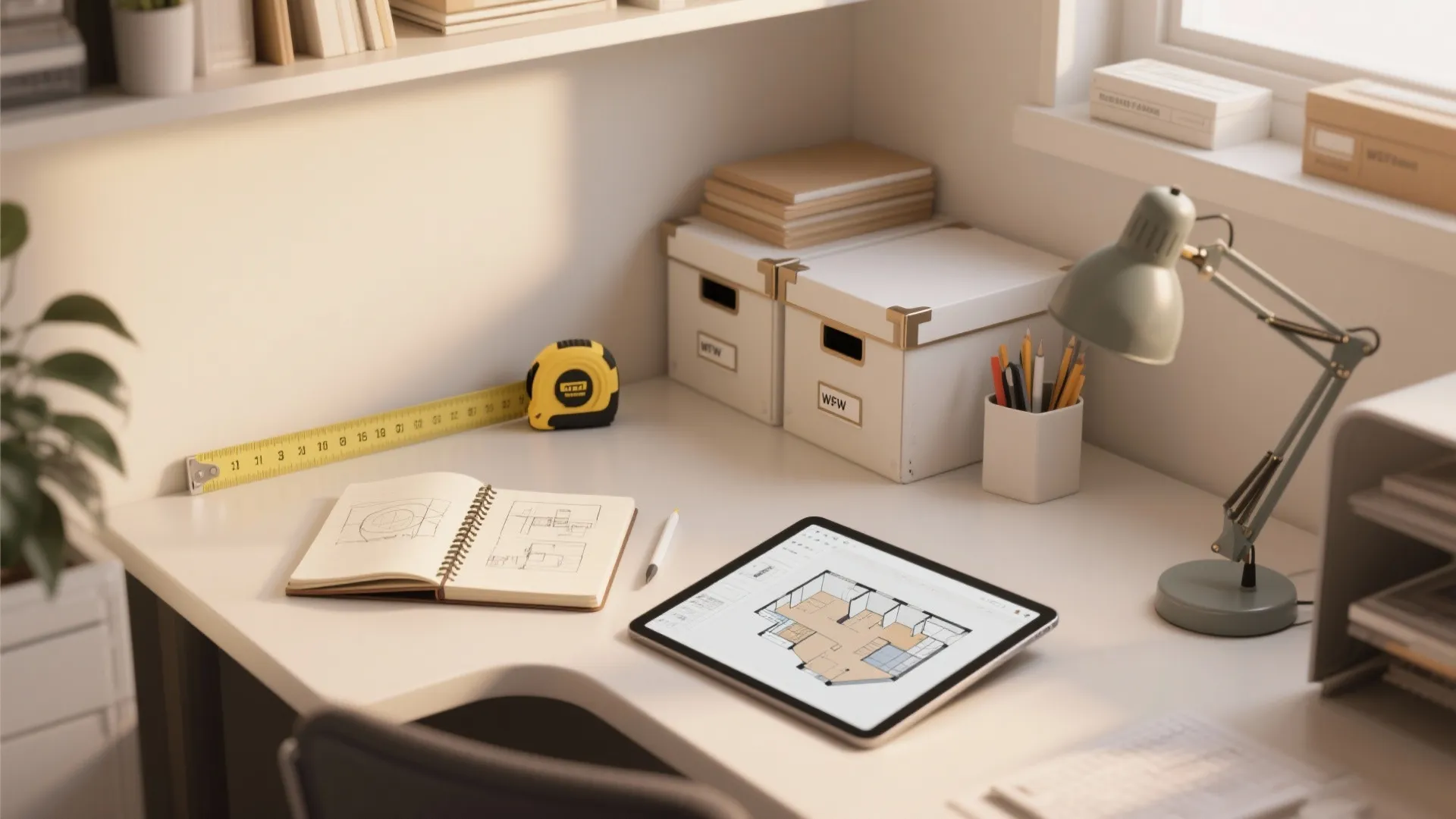 Planning tools and a tablet with a 3D floor planner on a tidy desk corner for prototyping layouts.