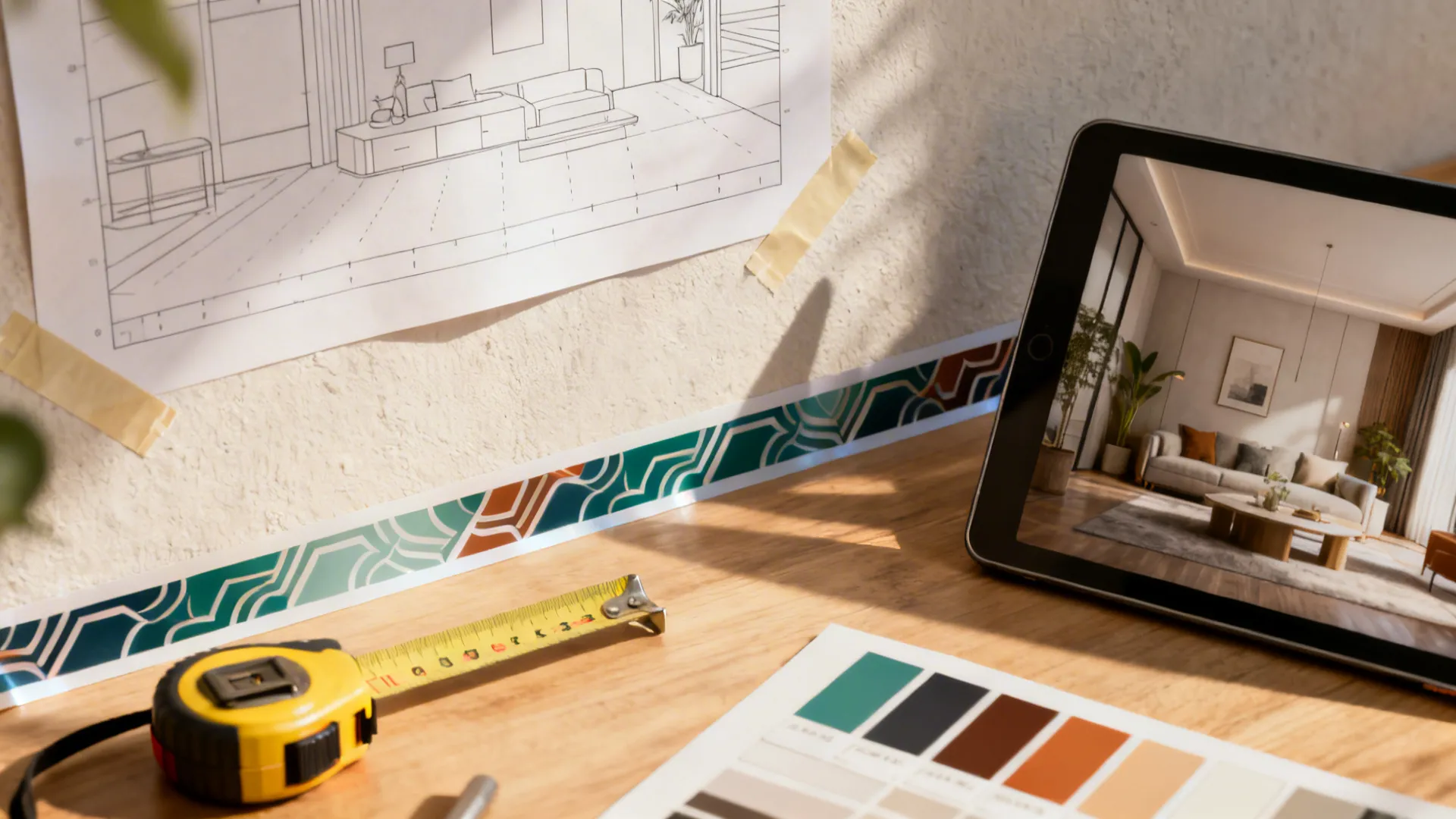 Layout planning tools including paper templates, measuring tape, decal samples and a tablet with a room mockup.