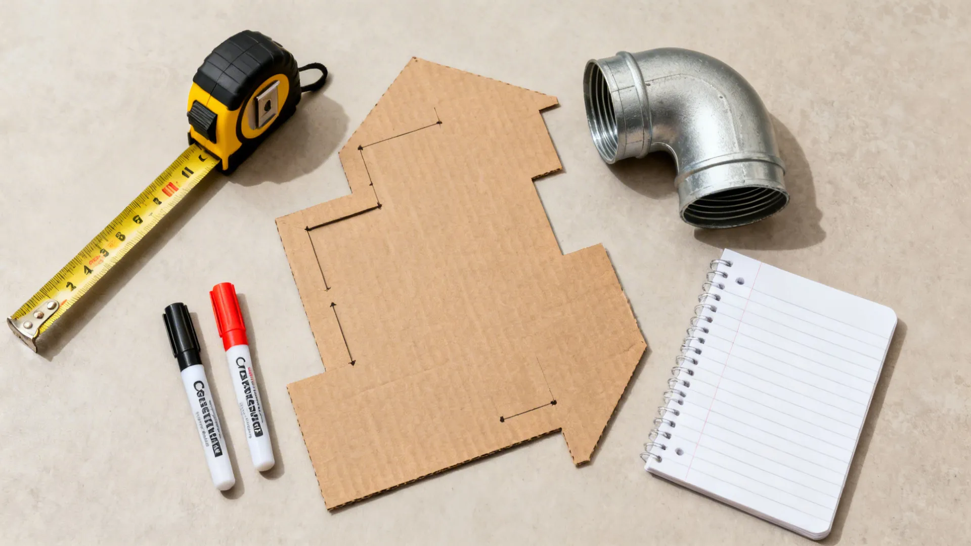 Flat lay of measuring tools and templates for planning microwave placement.