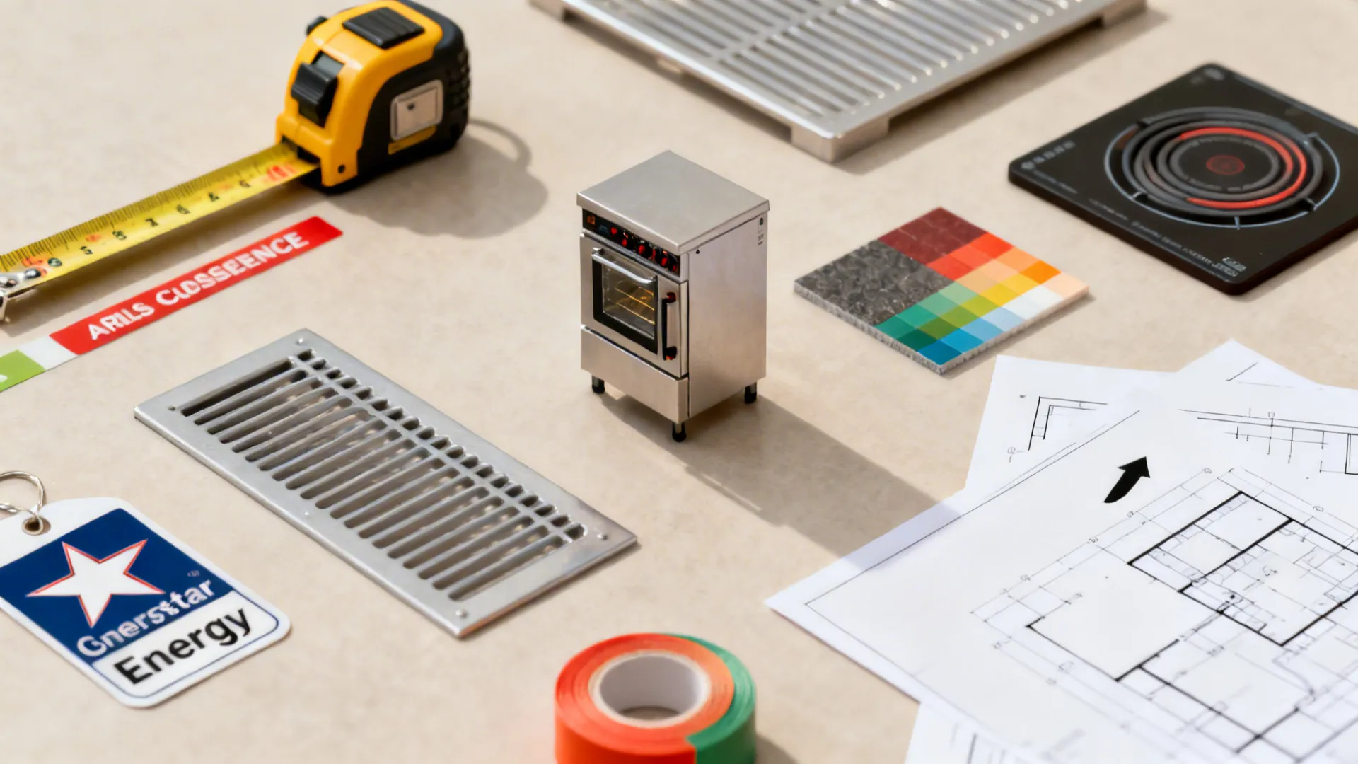 Flat lay of kitchen planning tools and samples including zone tape, ventilation baffle, and equipment miniatures.