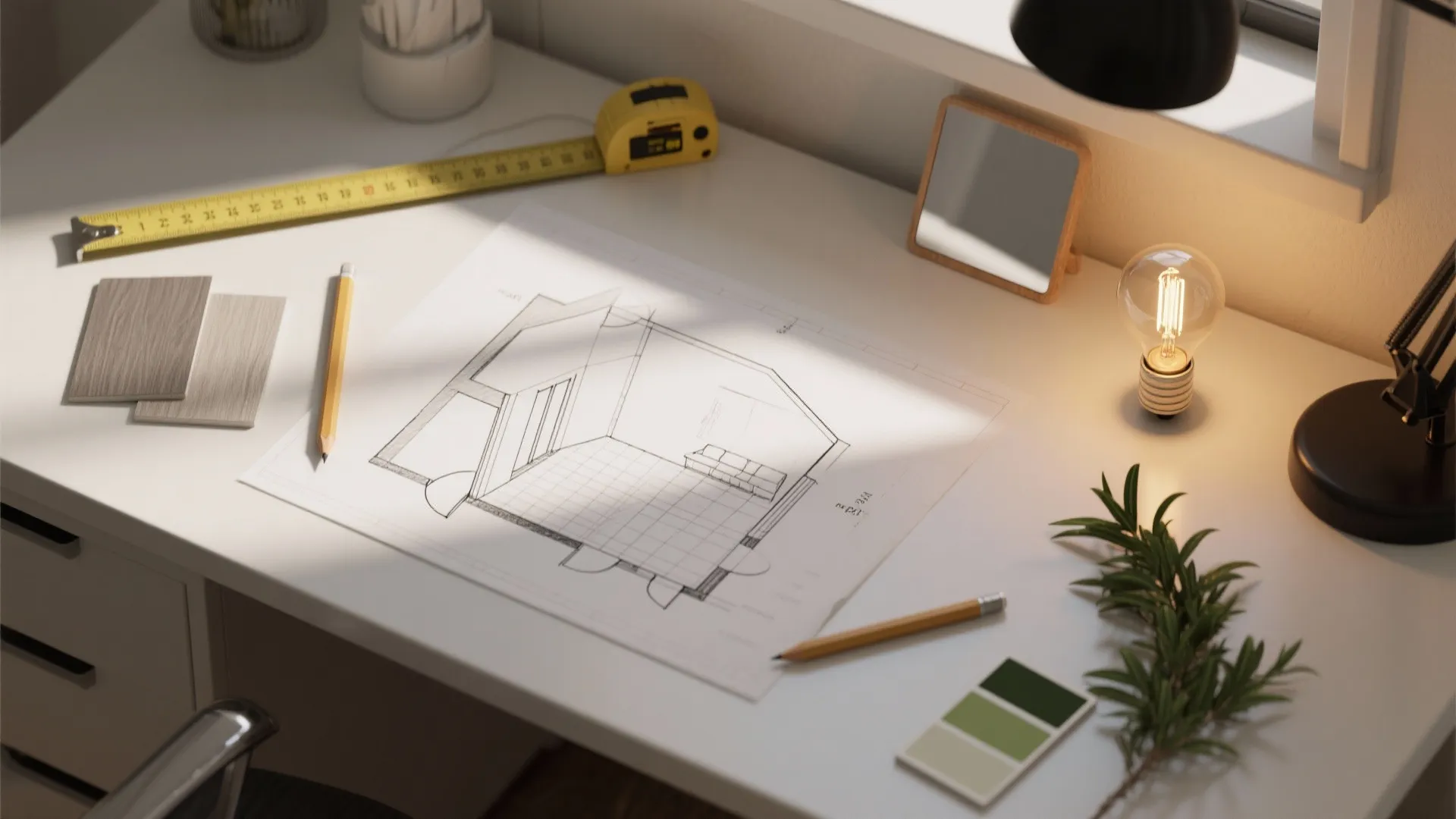Interior design drawing on white desk with pencils measuring tape color samples and light bulb
