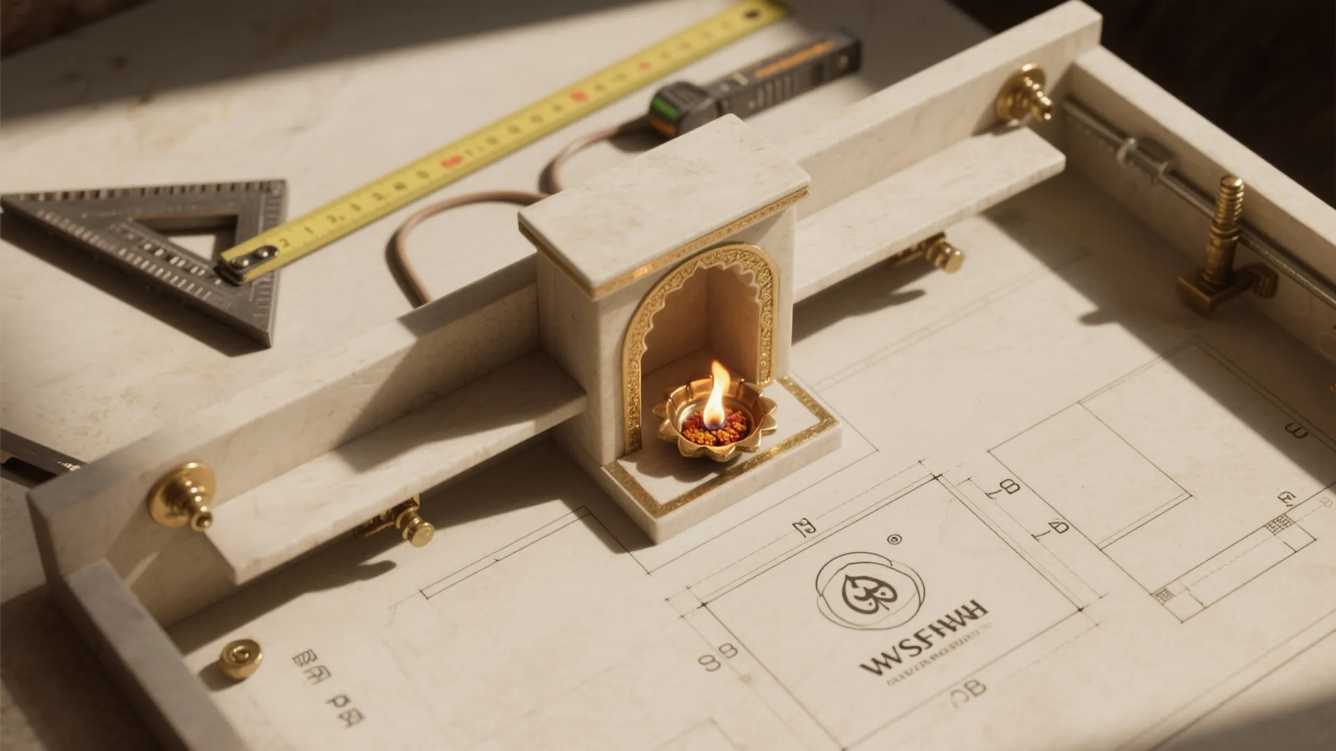 Top-down planning layout of a small pooja stand showing clearances, shelf height, and safe candle placement with tools.