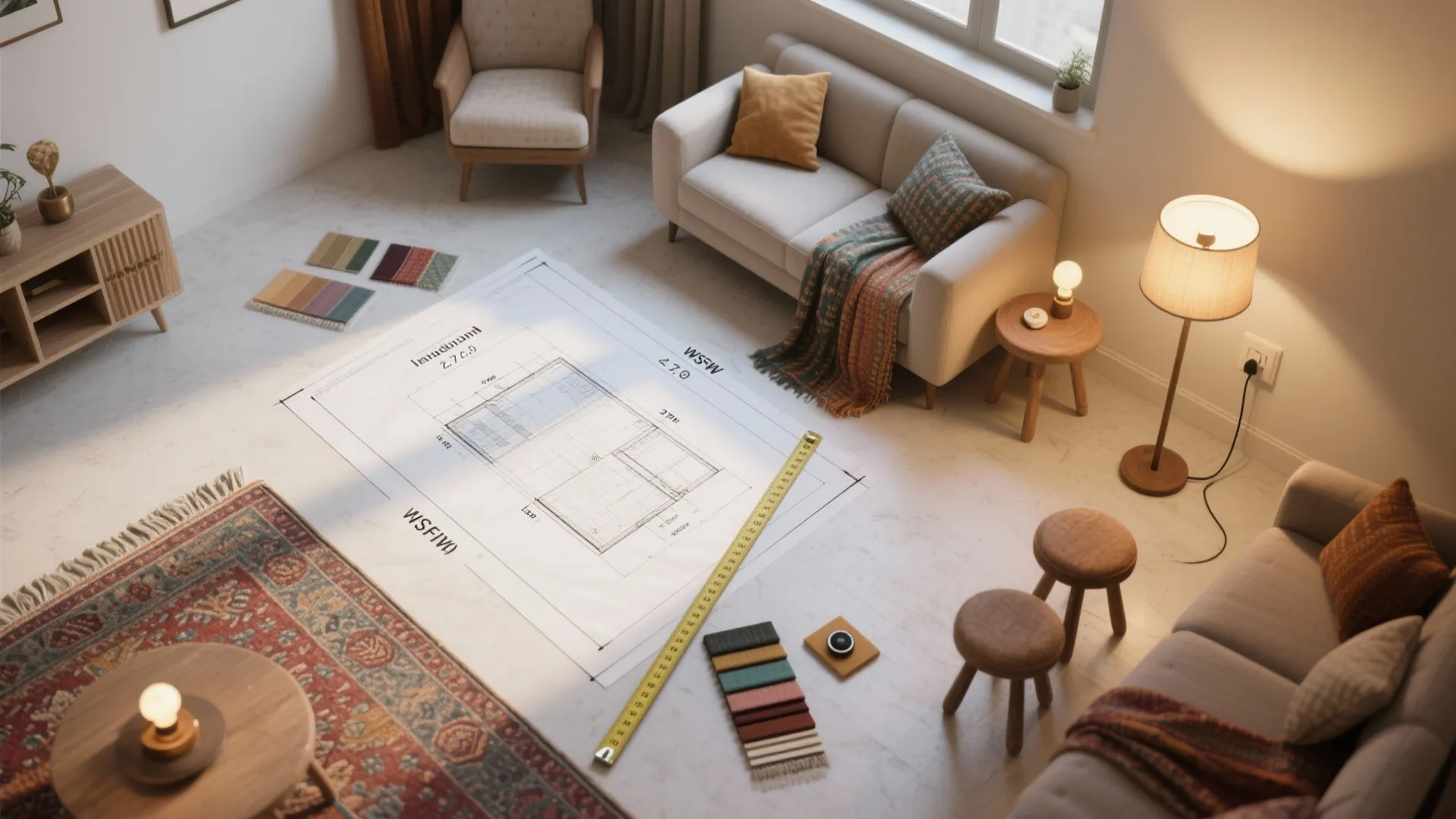 High angle interior design drawing on floor with measuring tape stools sofa and color swatches