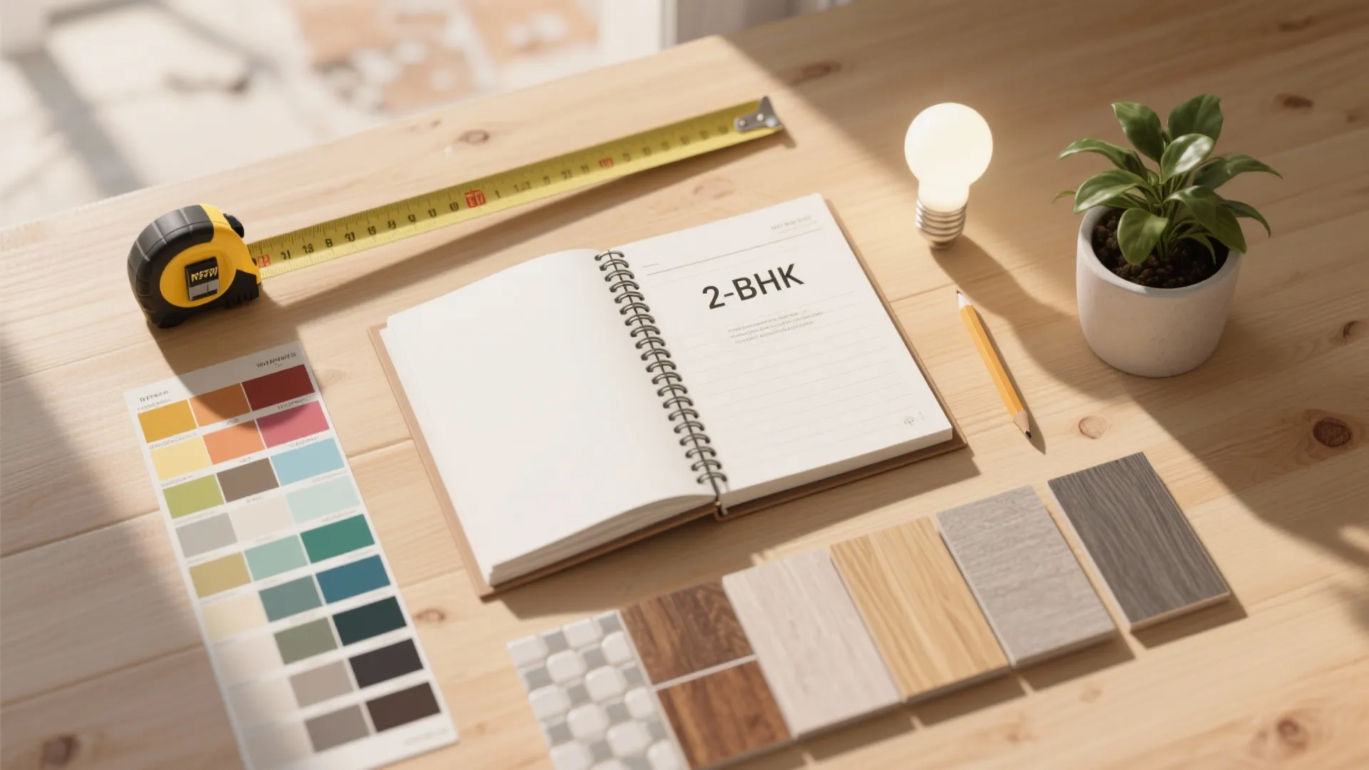 Wooden desk with notebook measurement tape color palette light bulb and wood material samples display