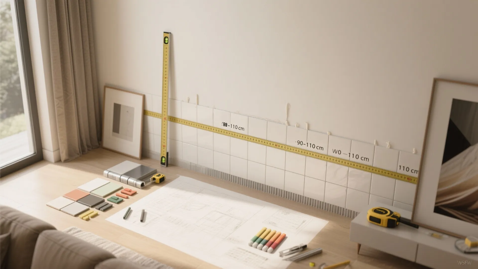 Wall under construction showing white tiles being measured with a yellow tape and level tool