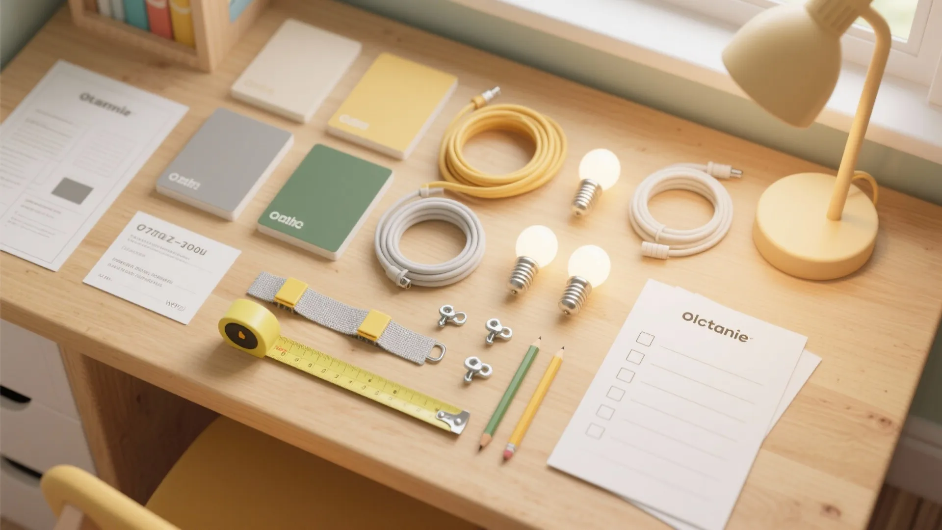 Wooden desk with light bulbs and measuring tape plus color swatches for interior design planning