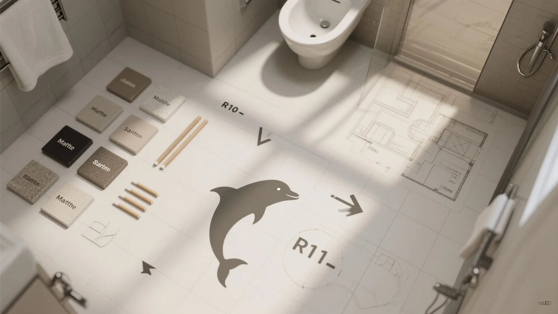 Modern bathroom floor with tile samples dolphin graphic interior design drawing toilet and wall light