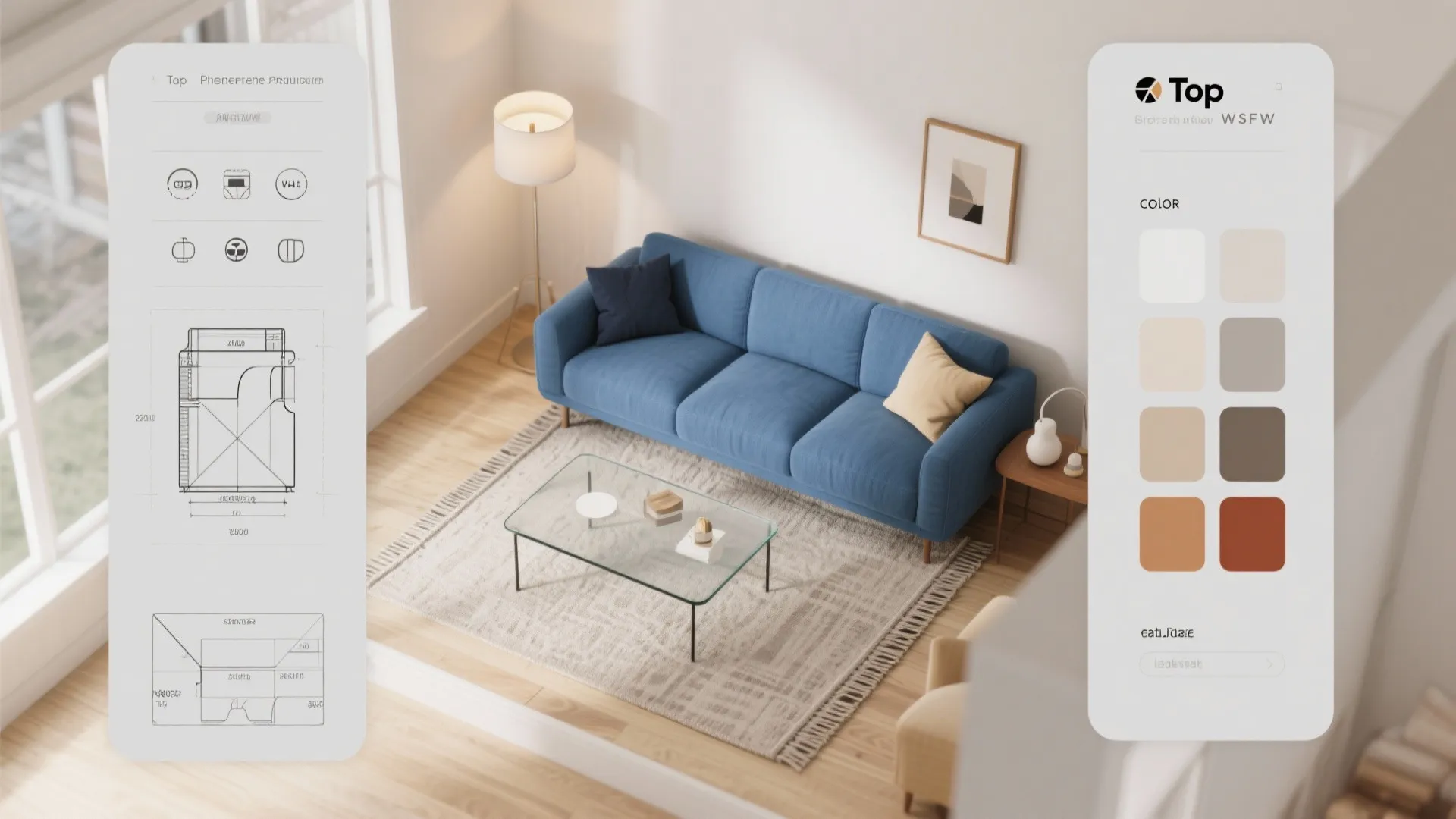 Interior design drawing showing a blue sofa with color palette and floor plan editor tools