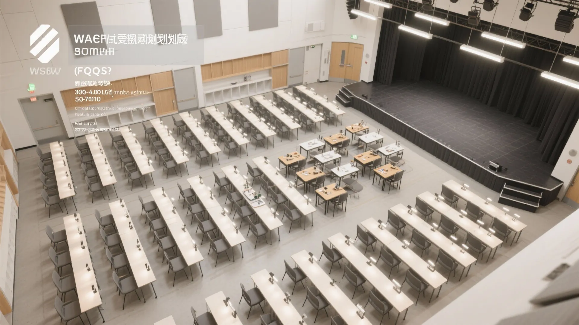 Top-down planning board showing seating layouts, lighting zones, acoustics, and storage areas.