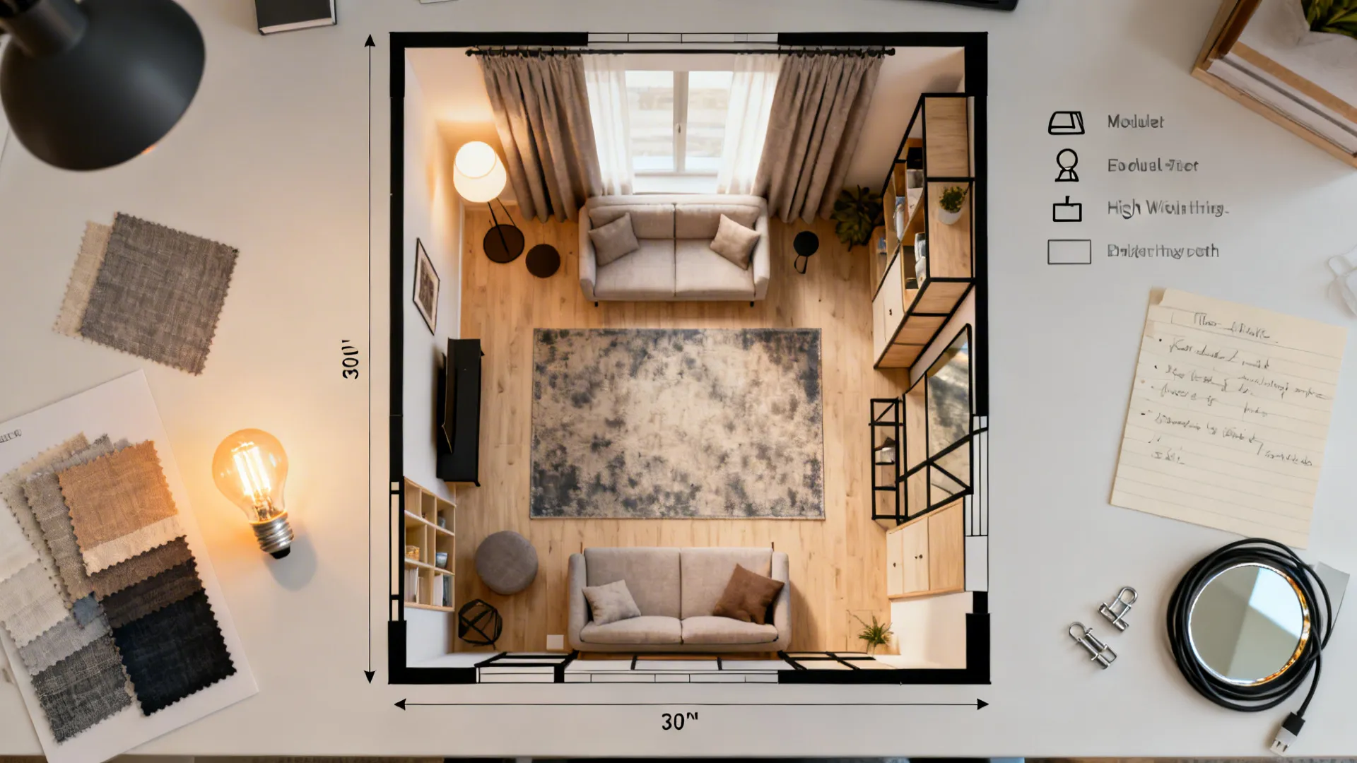 Top-down guide showing a small living room plan with clear paths, modular seating, large rug, high-and-wide curtains, and layered lighting.