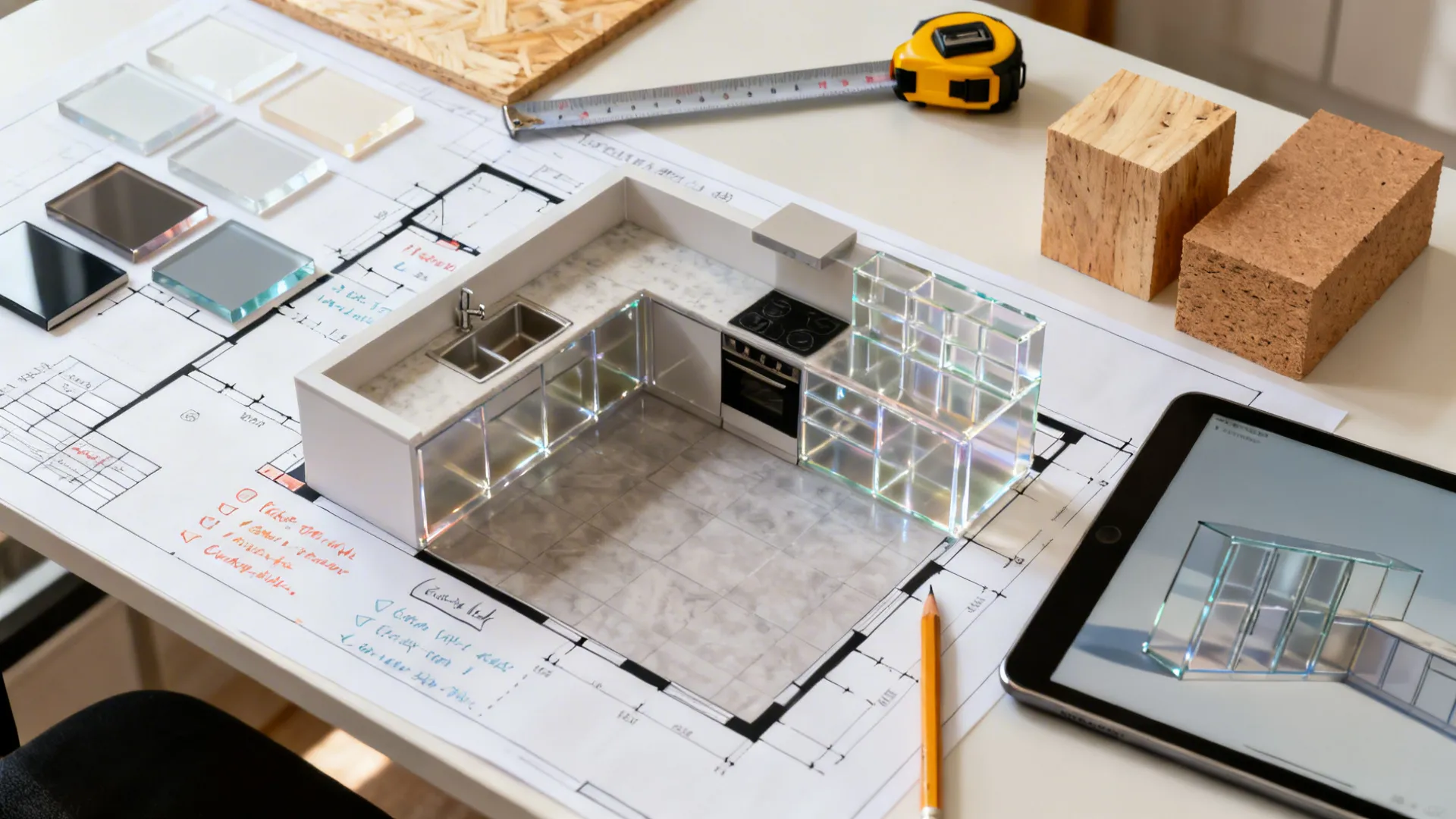 Top-down workspace with L-shaped kitchen plan, acrylic samples, substrates, and a 3D cabinet render on a tablet.