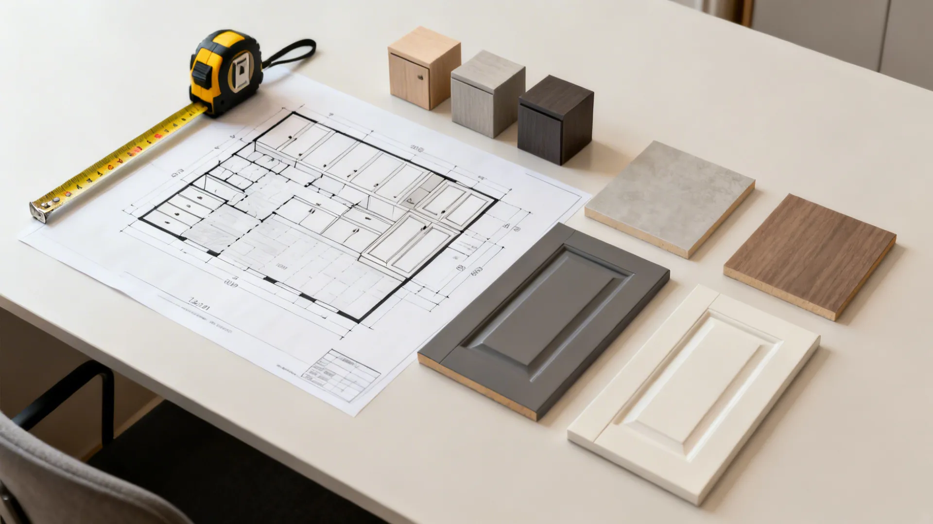 Interior design tools including yellow tape measure floor plan drawing and various wood material samples