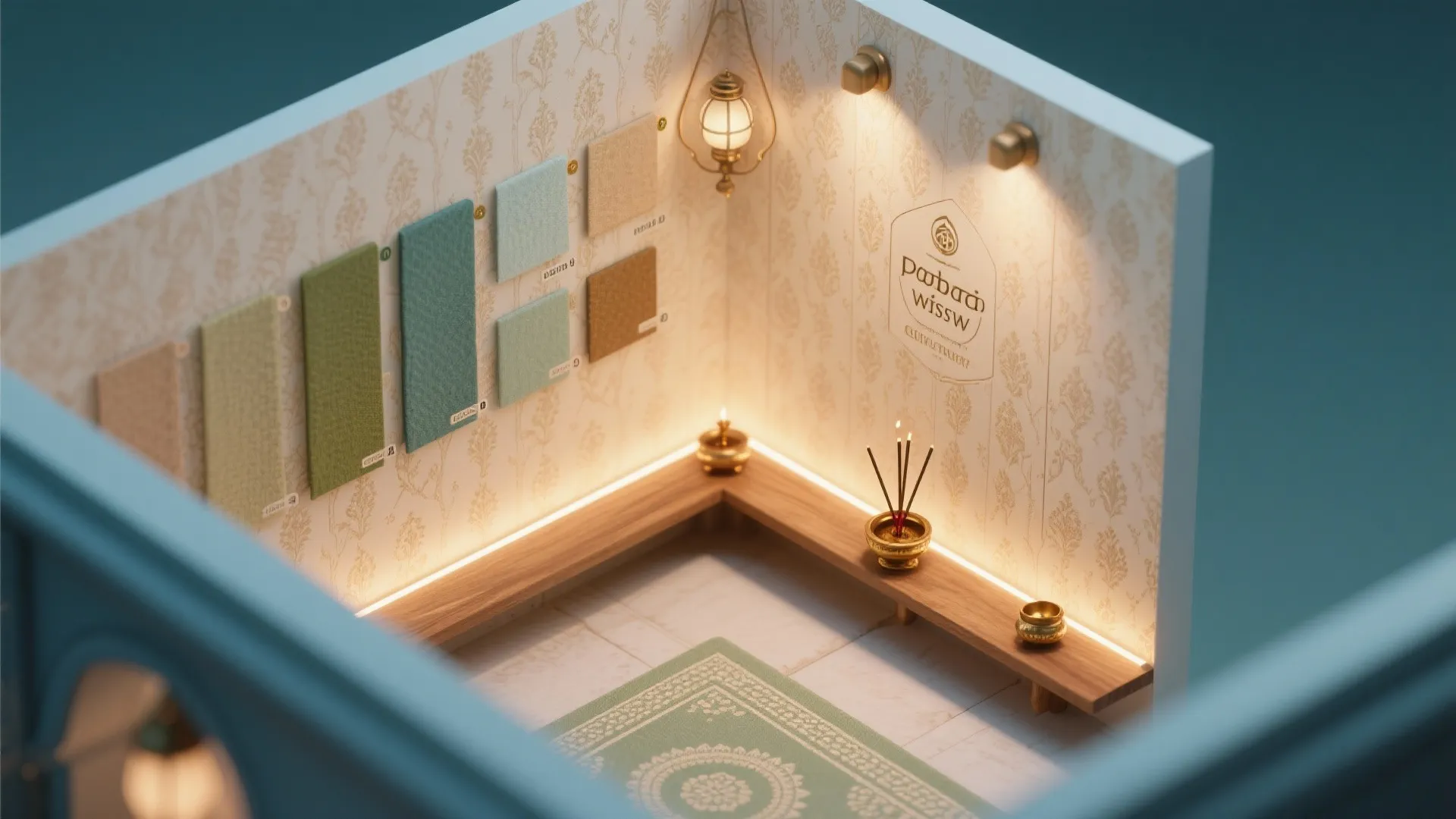 Interior design drawing showing top down view of room with wallpaper samples and wooden furniture