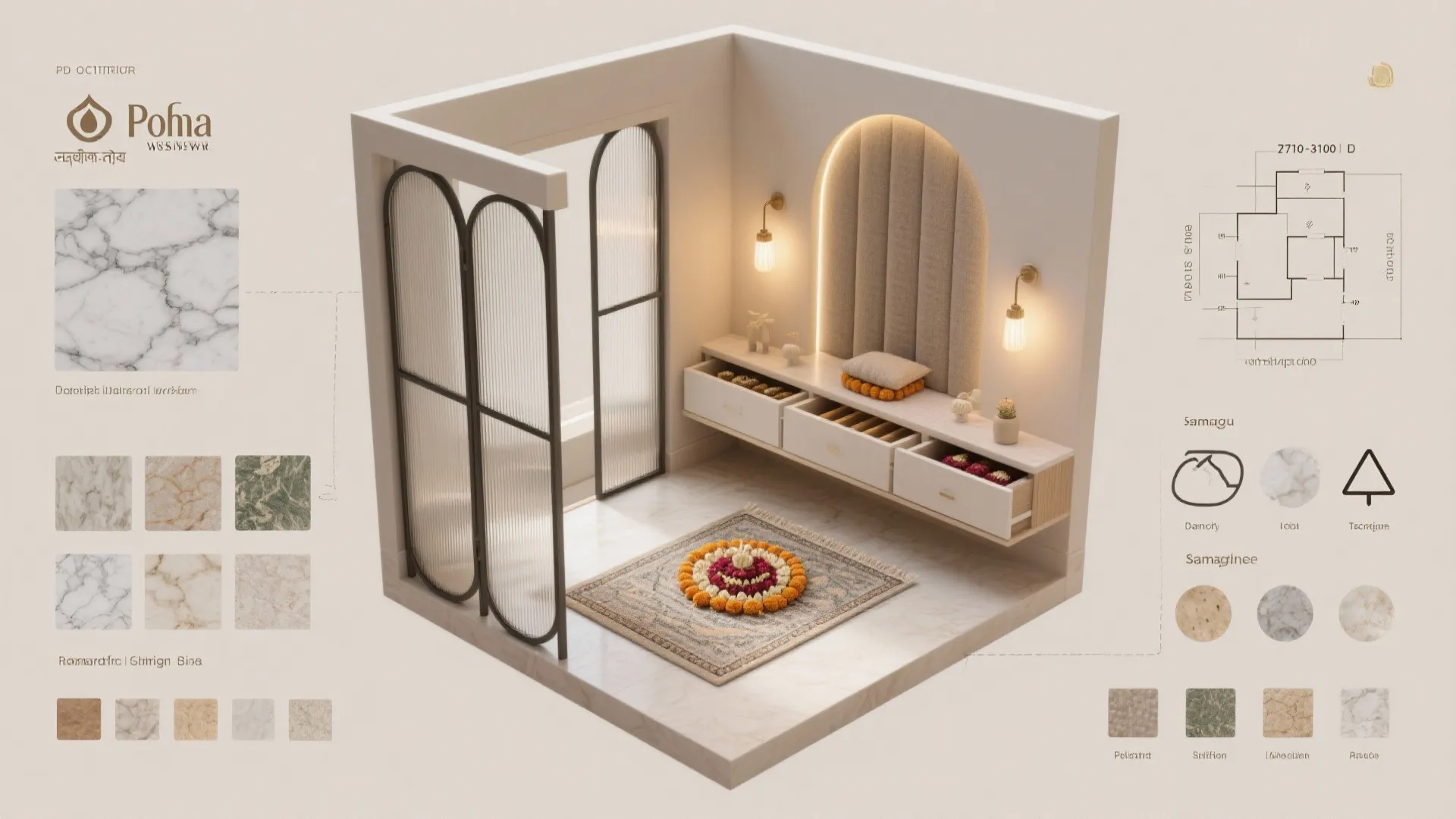 Interior design drawing showing a small room with wall lights cabinet floor rug and materials