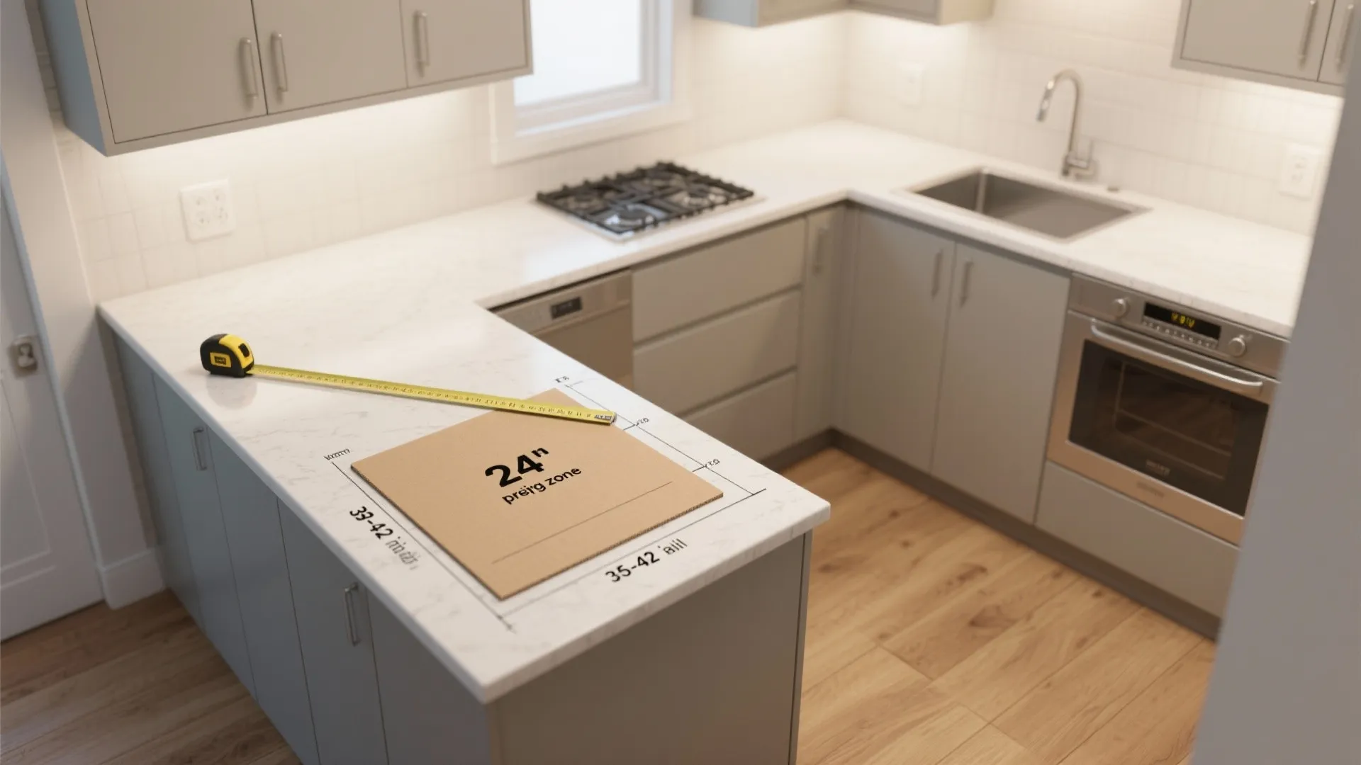 Modern kitchen with grey cabinets measuring tape on white counter and a wooden floor layout