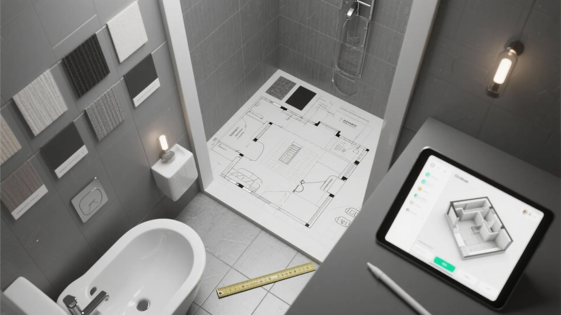 Top-down bathroom planning scene with grey wallpaper swatches and a tablet 3D preview