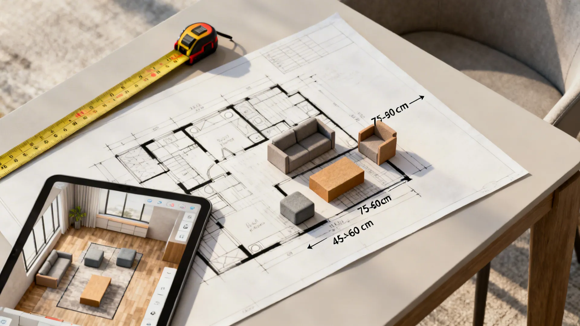 Top-down view of a planning setup with a floor-plan sketch, measuring tape and a tablet showing a 3D floor planner.
