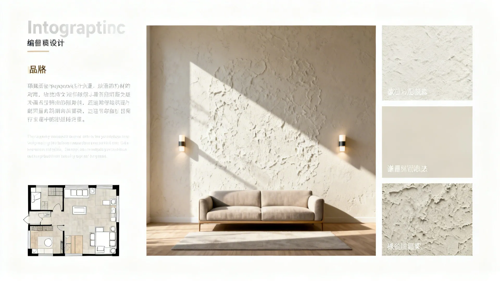 Top-down plan with sofa, textured focal wall, and layered lighting examples.