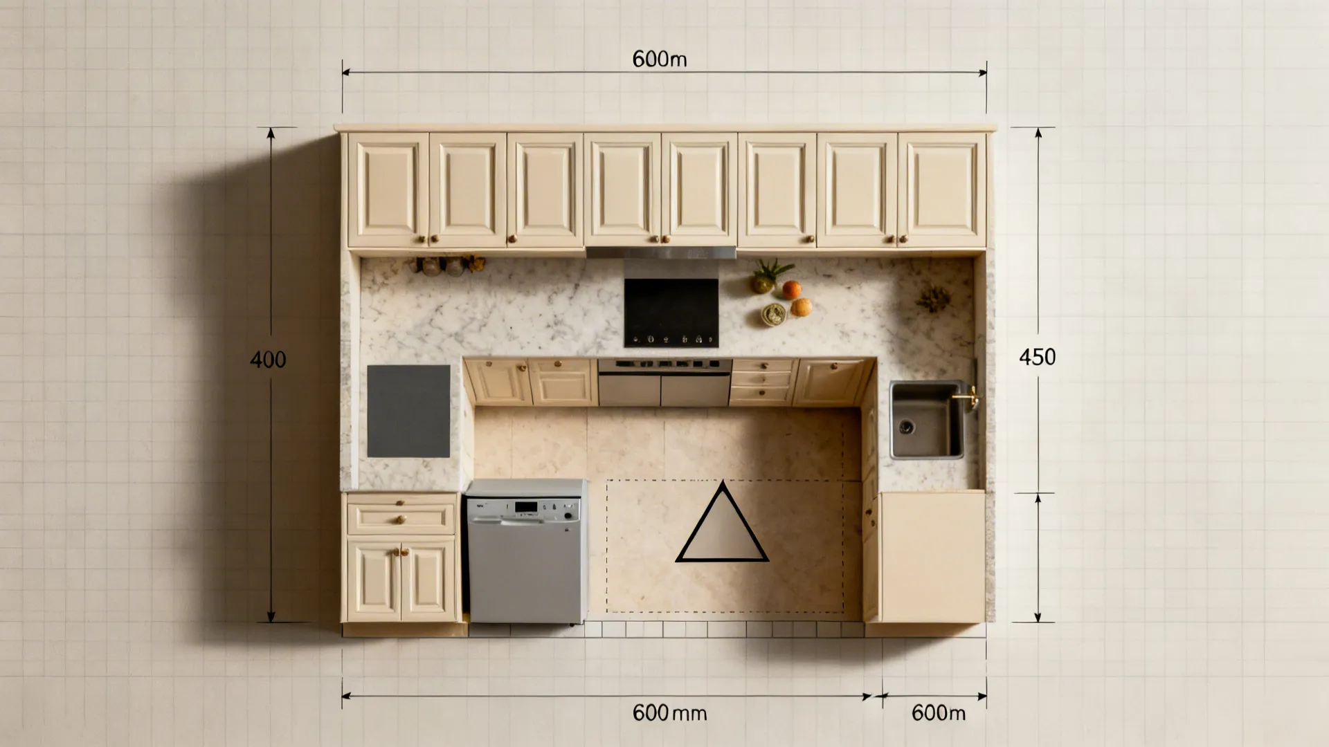 Top-down editorial collage of classical kitchen cabinet modules and work triangle planning elements.