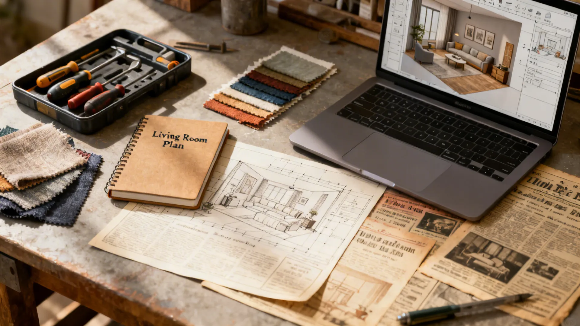Worktable with toolkit, fabric swatches, vintage catalog pages and a laptop showing a room planner.