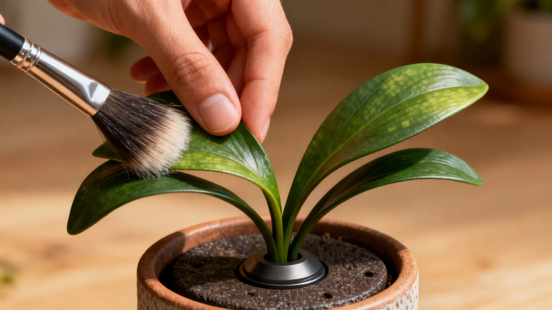 Collage of details: cleaning faux leaves, pot materials and weighted base for stability