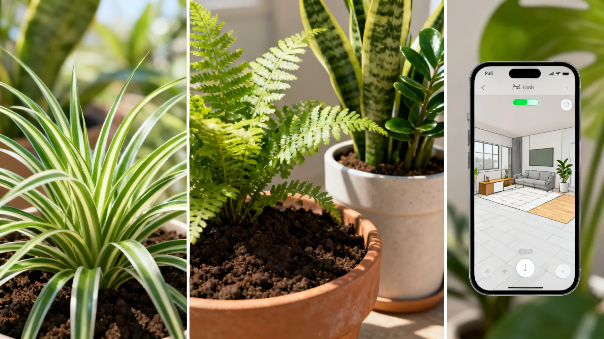 Collage of pet-safe and low-light plants, watering indicators, and a smartphone with a room planner app.