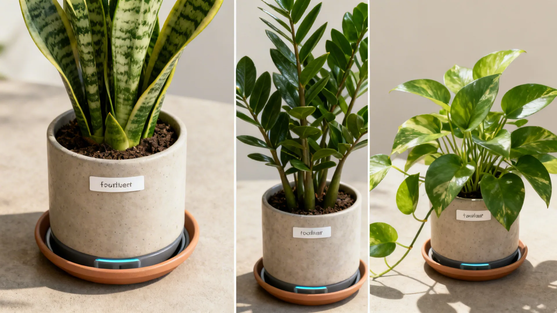 Collage of low-light plants like snake plant, ZZ plant, and pothos with saucers and self-watering pot details.