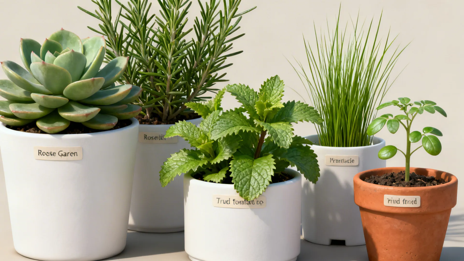 Collage of easy plants for small gardens: succulents, mint, rosemary, dwarf tomato and ornamental grass in labeled pots.