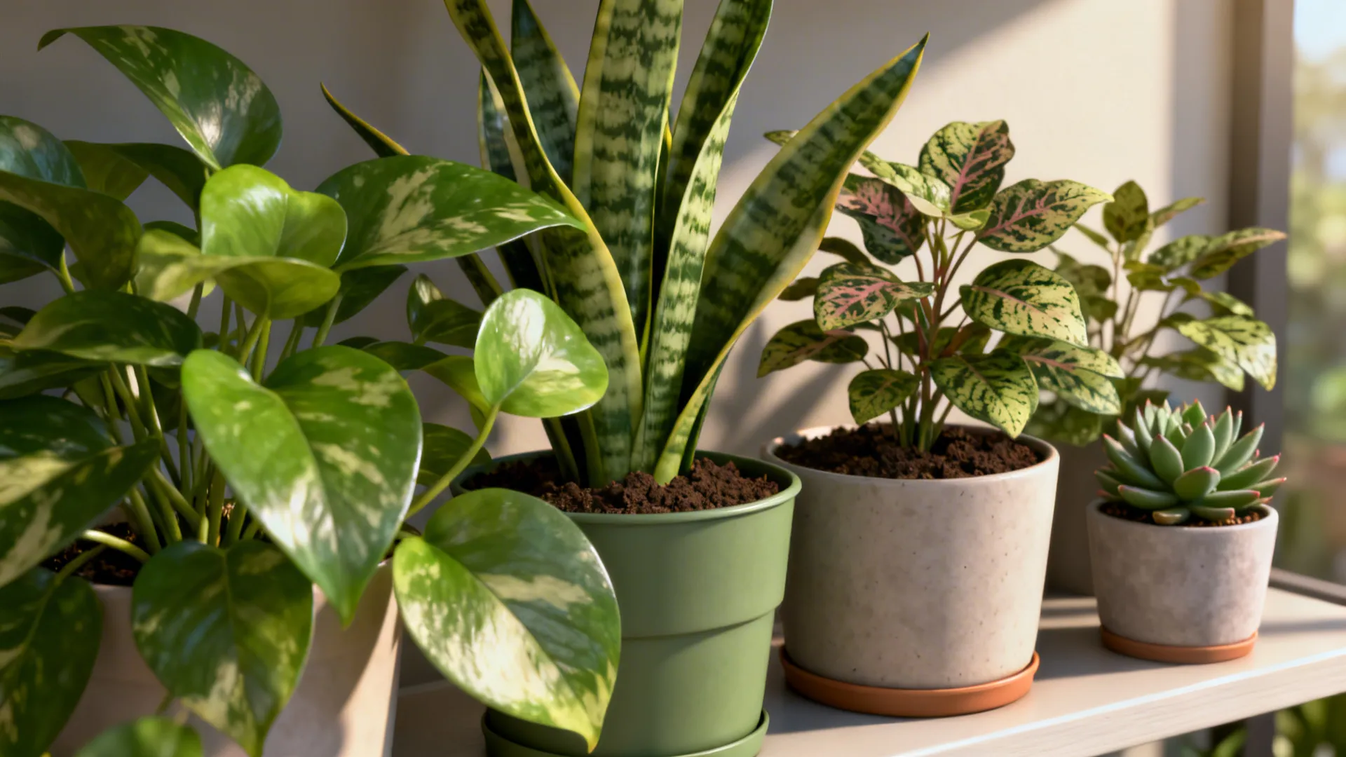 Close-up of low-maintenance plants—pothos, snake plant, fittonia and succulent—on a shelf with drainage.