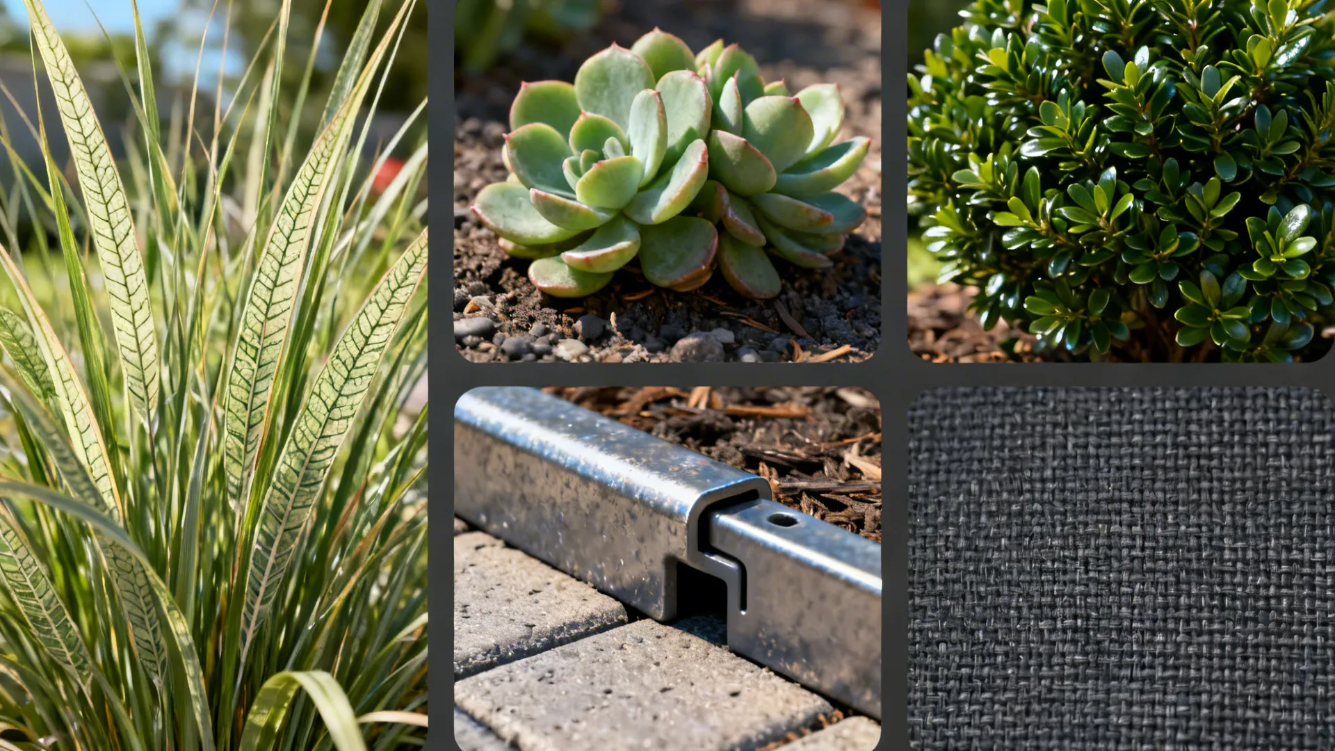 Collage of low-maintenance plants, paver edge detail and waterproof fabric samples for front yard use.