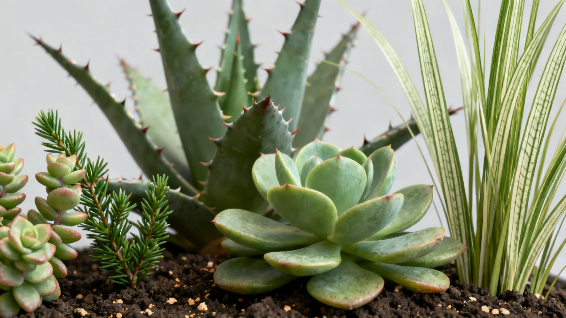Close-up montage of sedum, agave, ornamental grass and an evergreen sprig for low-maintenance choices.