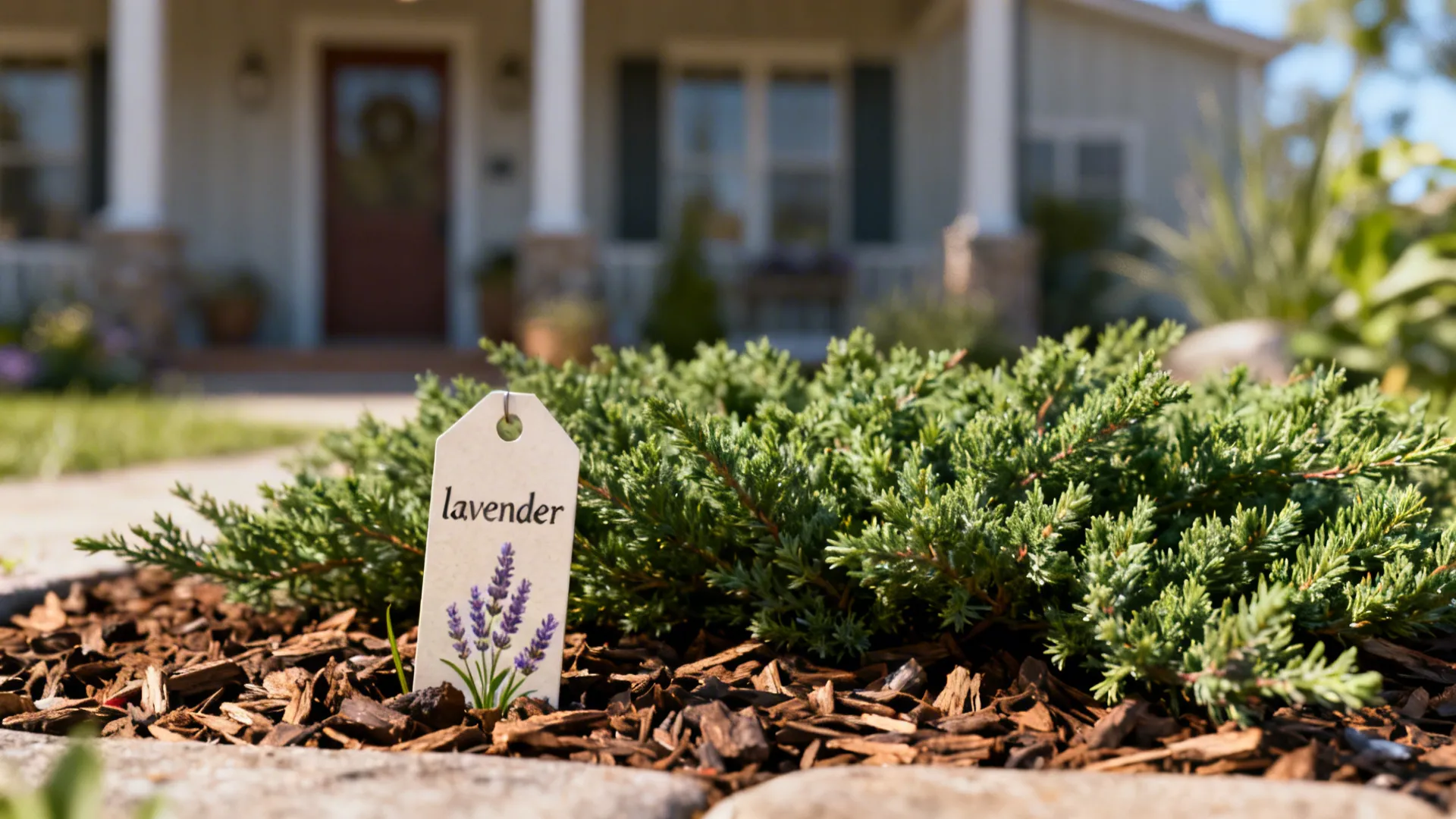 Plant tag for lavender placed in mulch with ranch facade softly blurred behind.