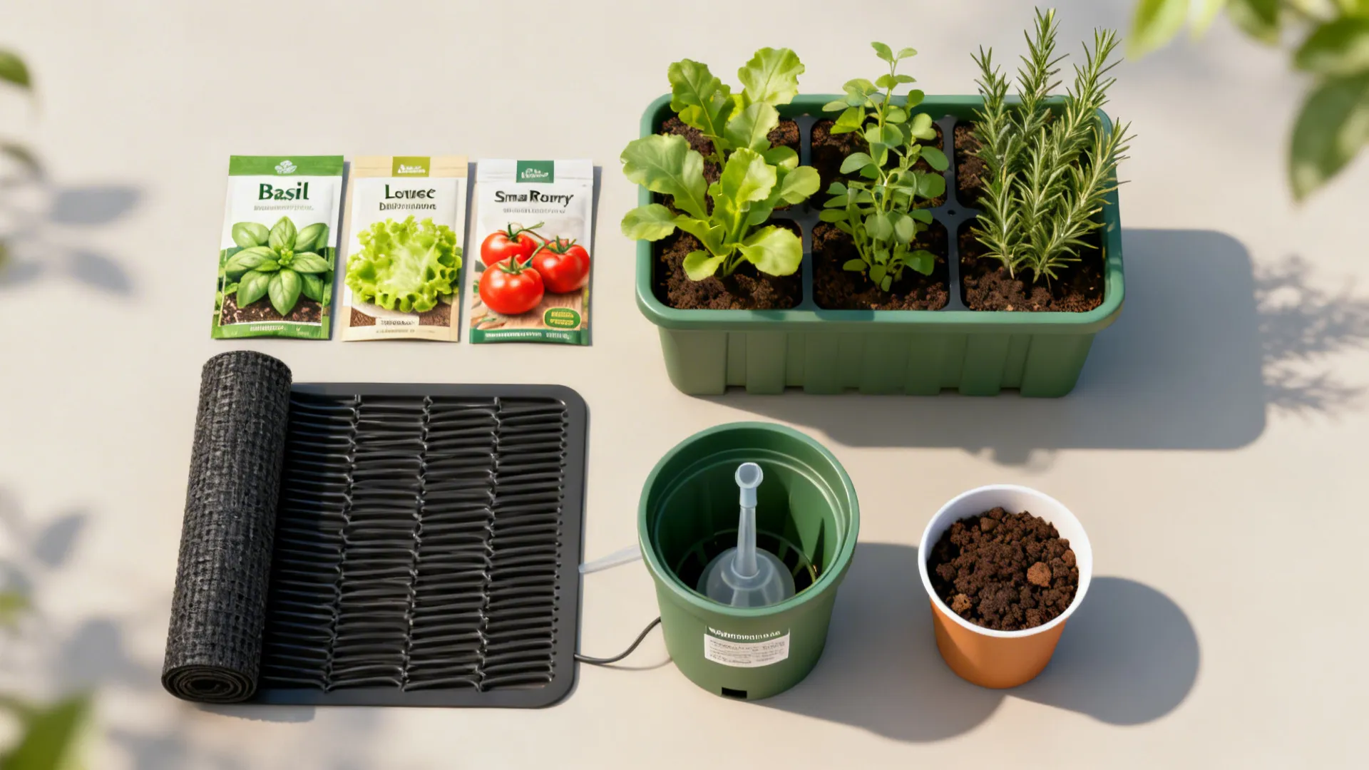 Flatlay of compact plant seed packets and small watering solutions like a self-watering pot and capillary mat.