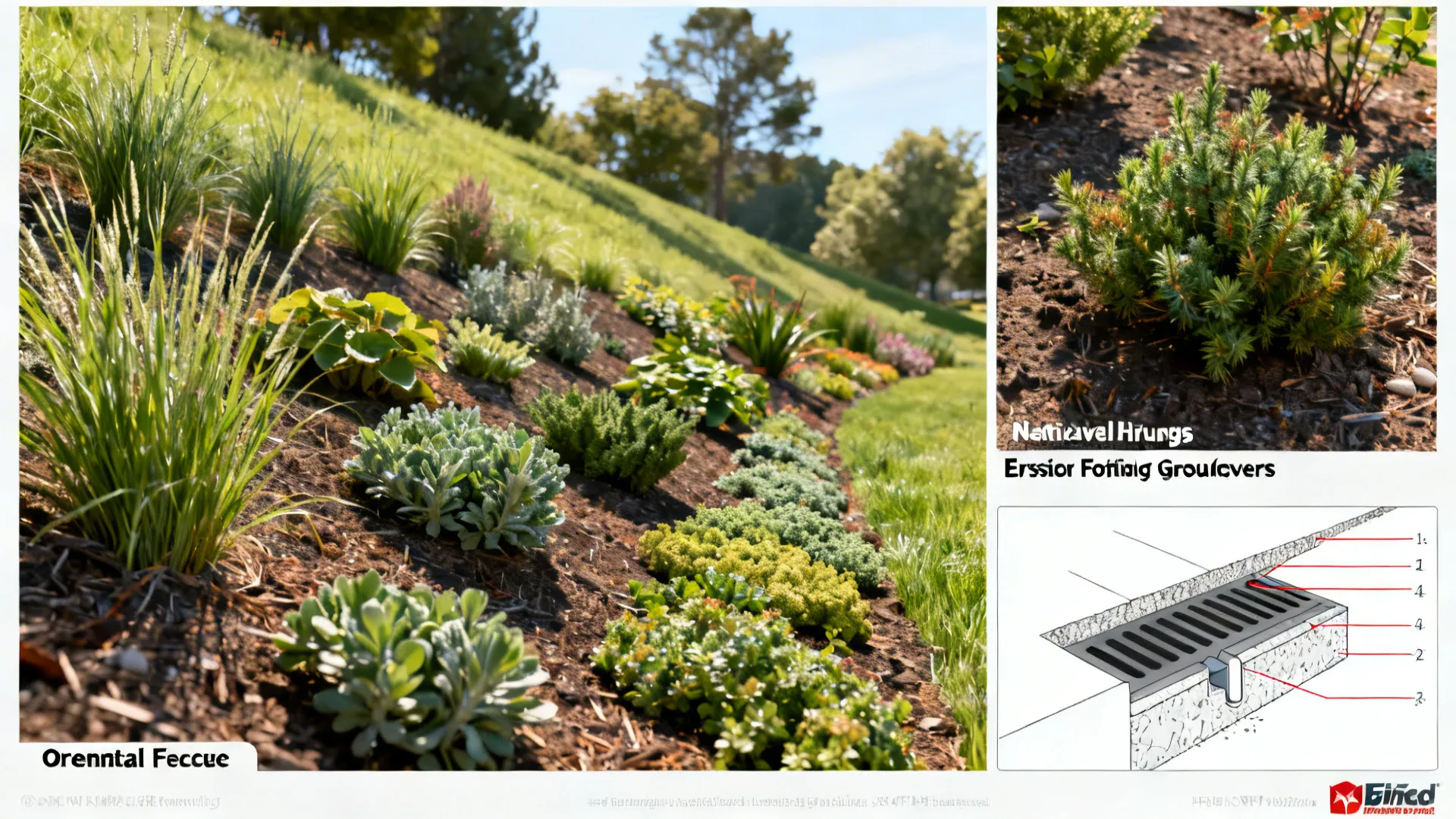 Collage of slope-stabilizing plants and a French drain diagram for split-level yards.