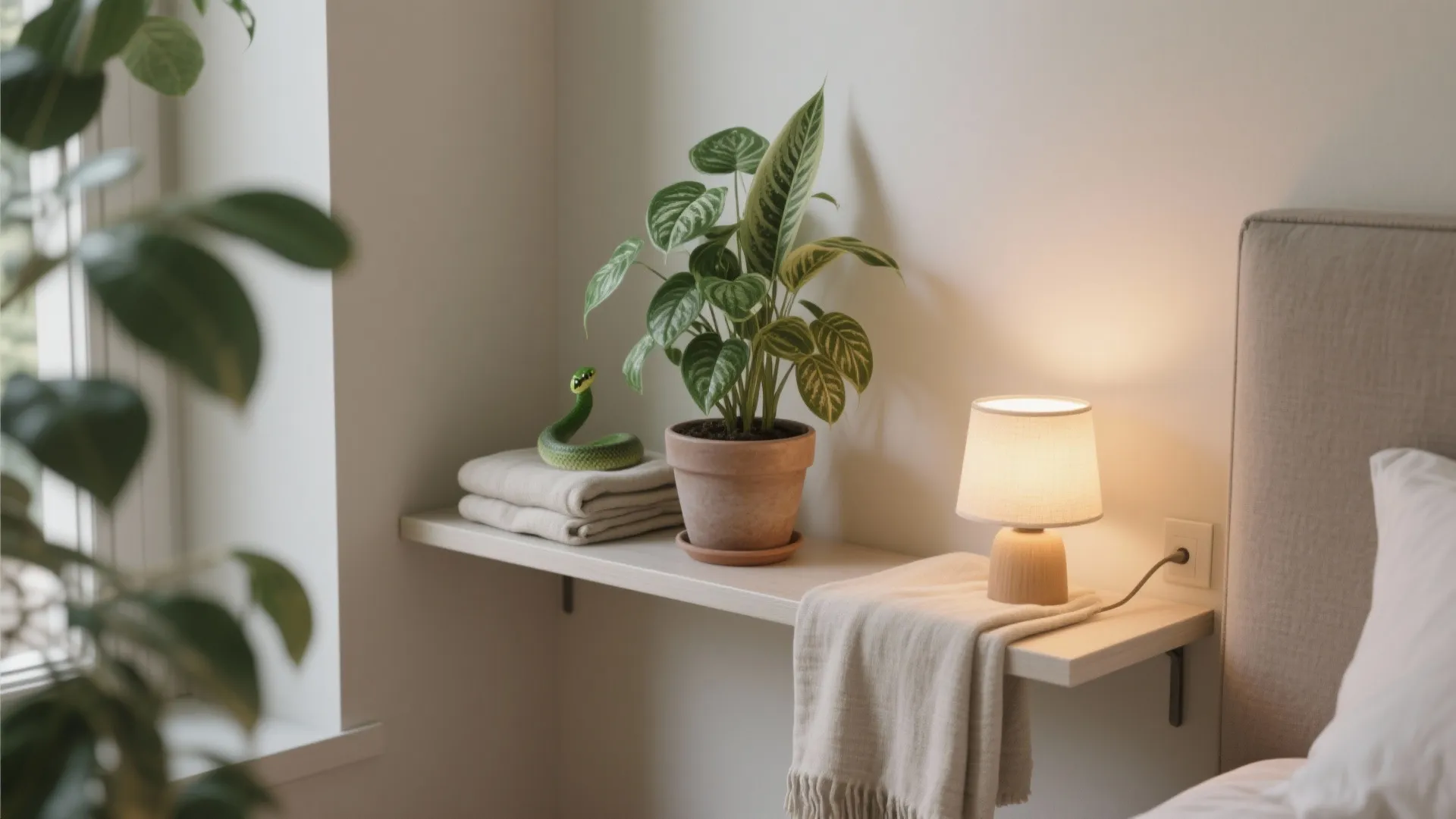 Bedside shelf vignette with small plants, linen throw and wall-mounted shelf illustrating FAQ tips.