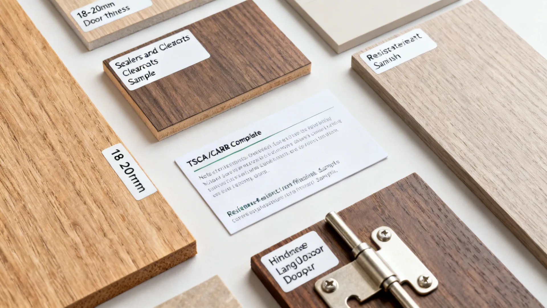 Material flat lay with plywood thickness samples, finishes, and hardware options for common cabinet questions.