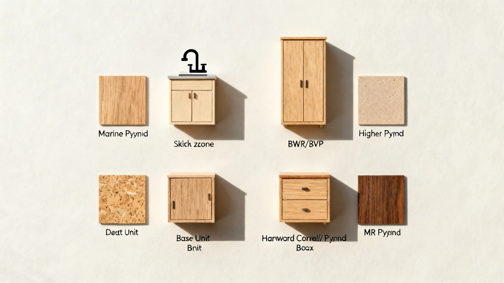 A grid of miniature wooden cabinet models and material samples with text labels on white