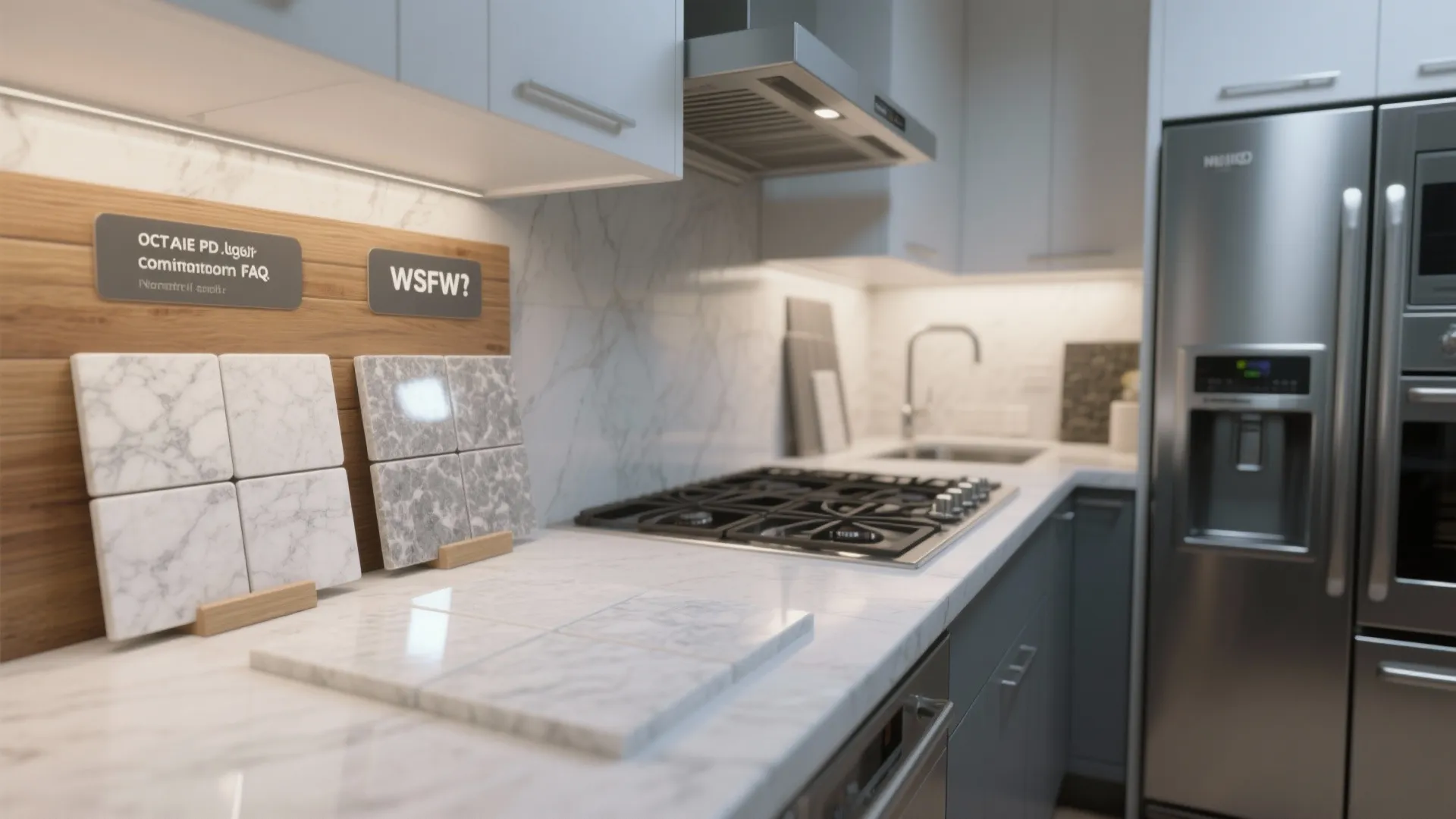 Comparison of polished and honed white granite samples beside stainless-steel appliances and wood accents.