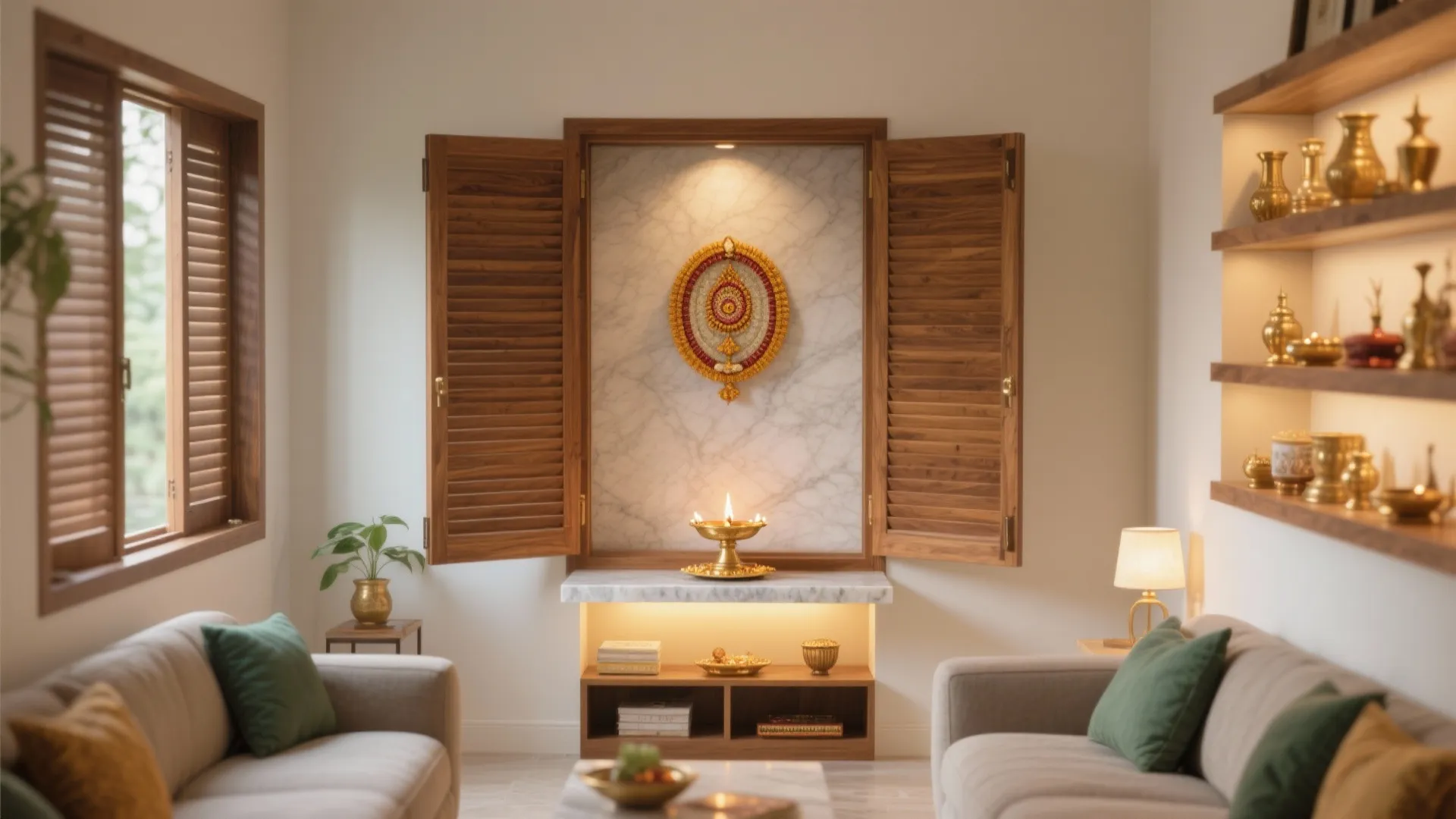 Modern living room with a wall prayer area featuring wooden shutters and white marble back