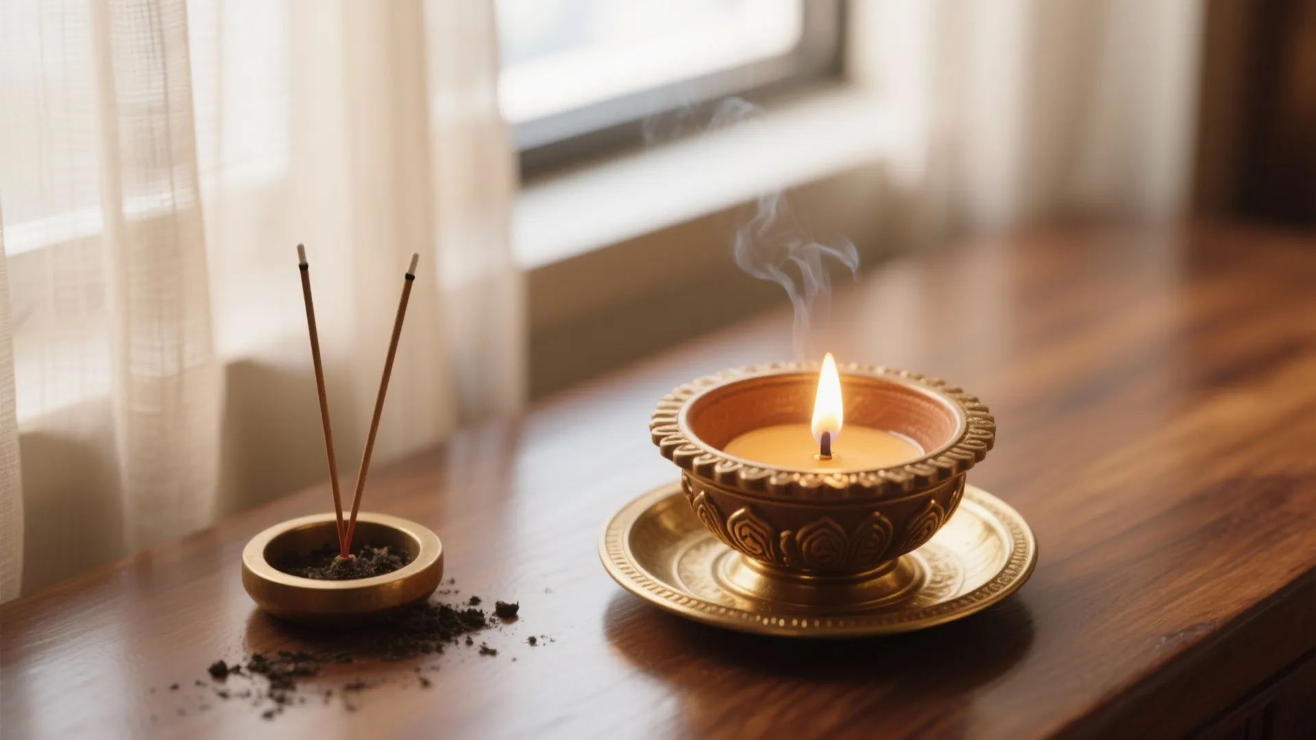 Macro of an LED diya on a brass coaster near a window, safe setup on an oil-finished wood surface.