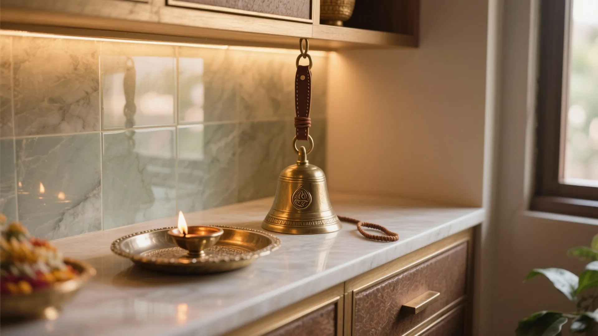 Close-up of pooja corner safety and material details, including brass bell, metal tray, and warm LED lighting.