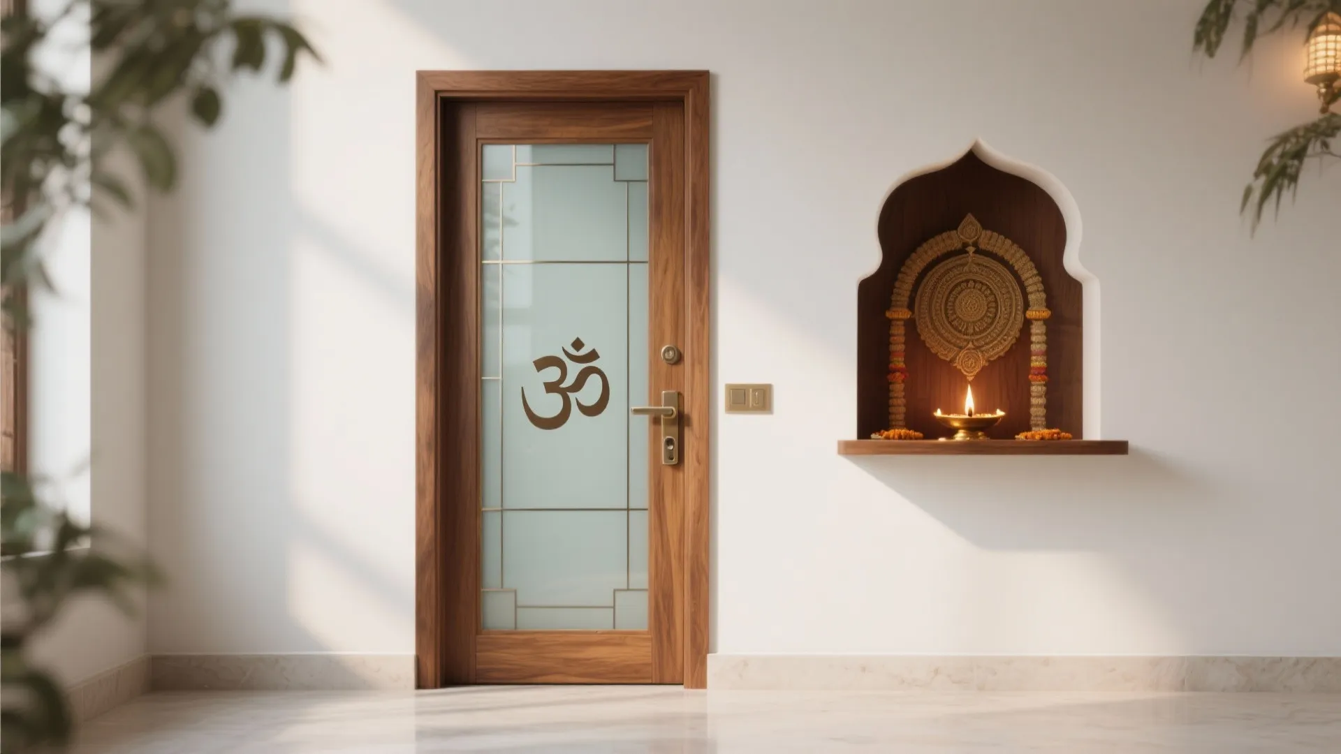 Wooden door with Om symbol glass panel beside a wall niche with small candle altar