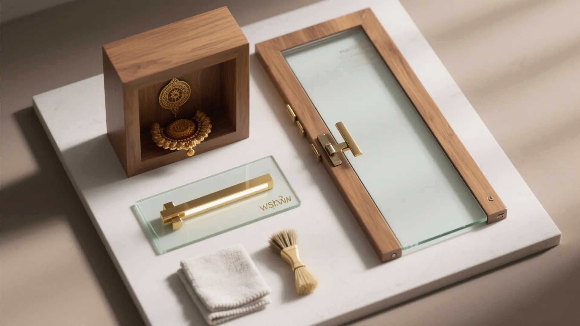 Small wooden box with gold decorations next to glass door panel on white marble surface