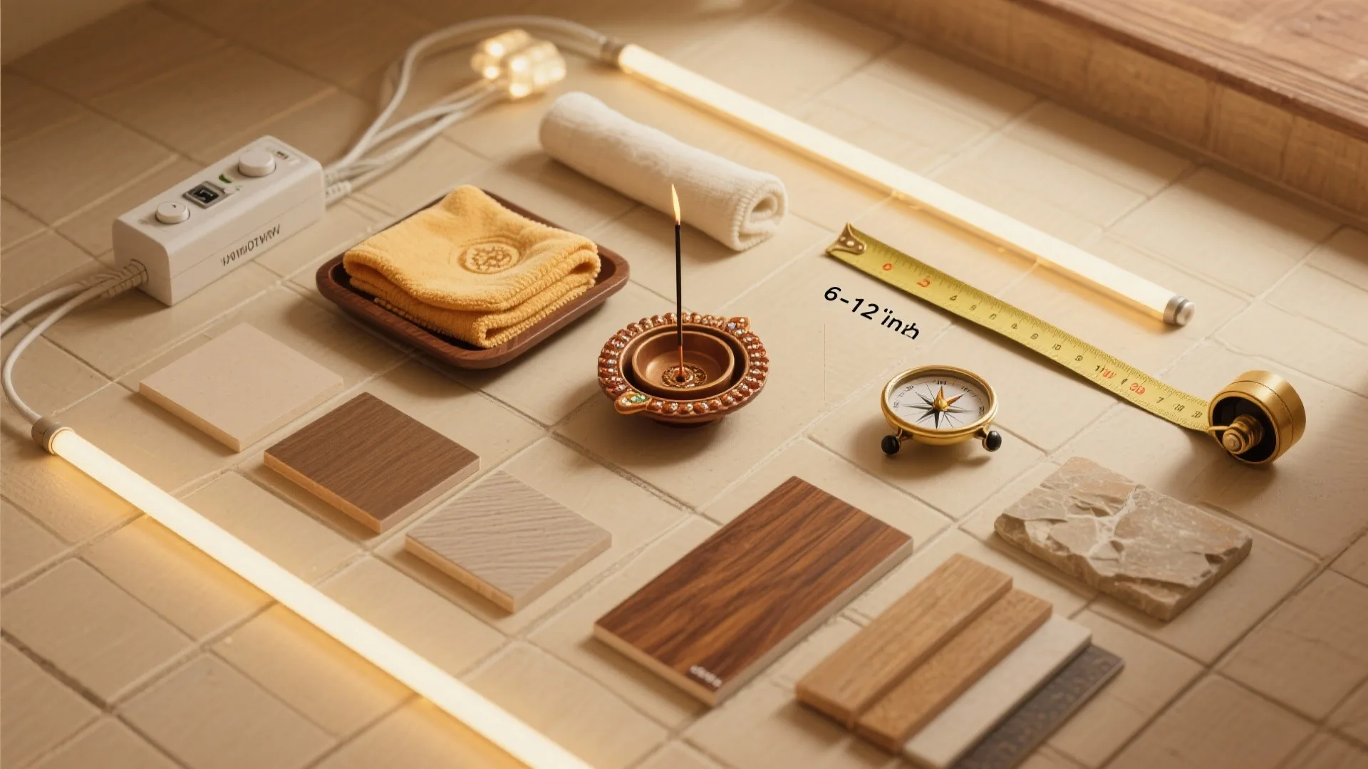 Arrangement of room design materials including wood samples light fixtures a compass and a measuring tape