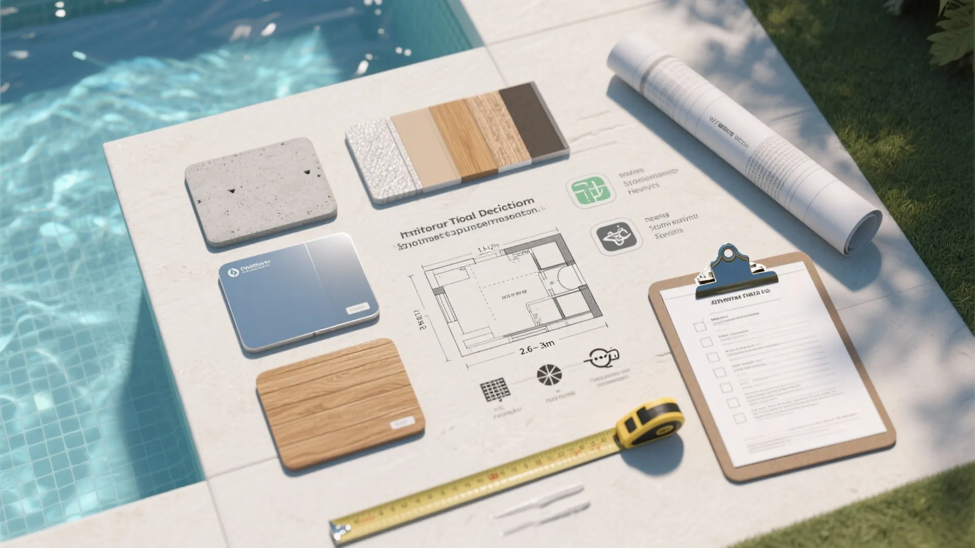 Pool construction planning materials with floor plan drawing wood samples tape measure and clipboard near water