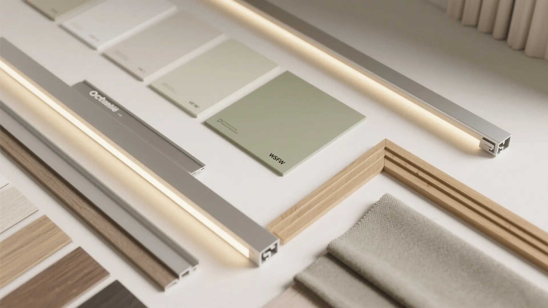 Flat lay of materials for wall pop design for drawing room including warm whites, greige paint chips, LED strips, wood trims, and fabric.