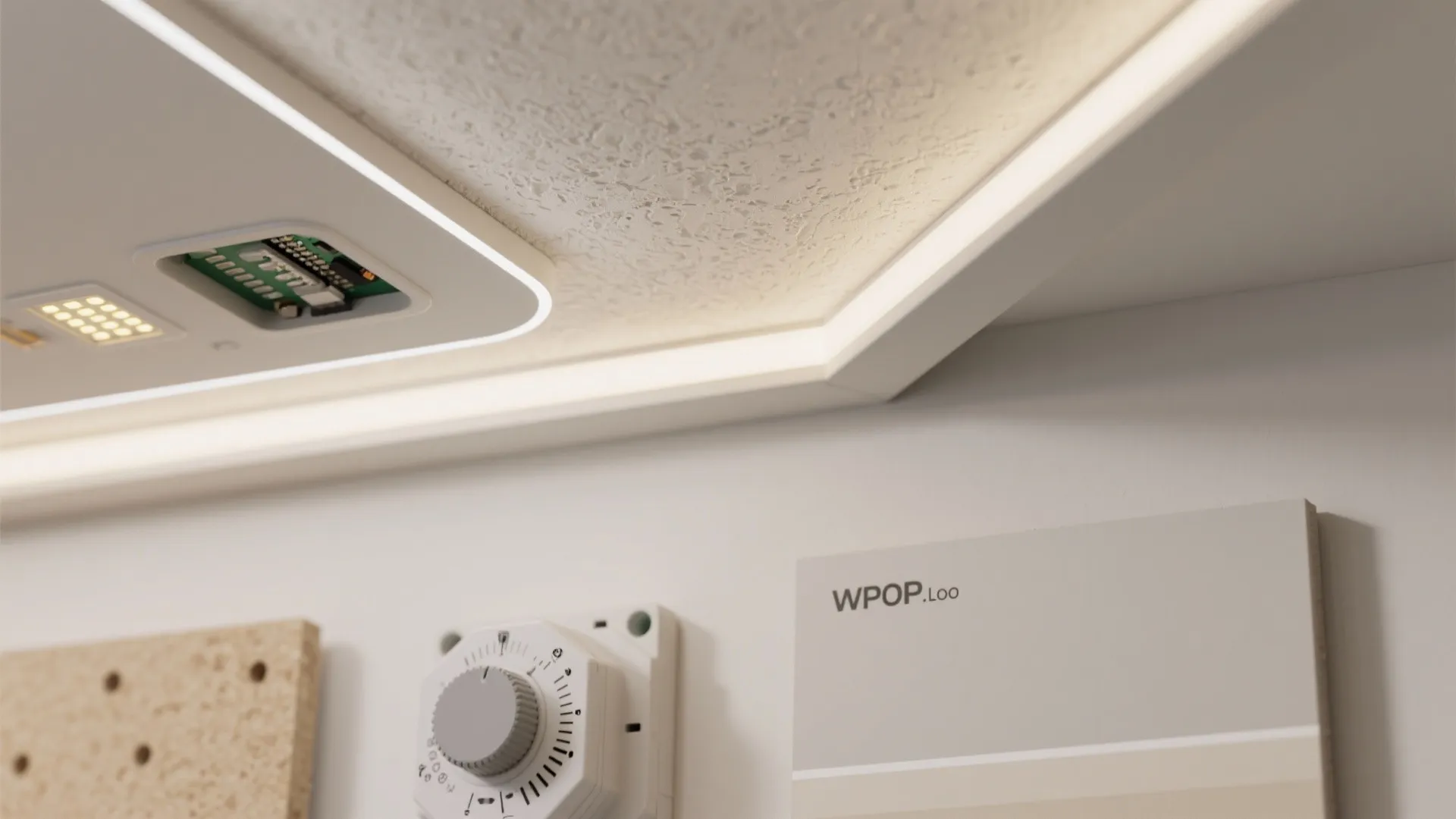 Interior design drawing showing ceiling light installation details with a dimmer switch and wall panel