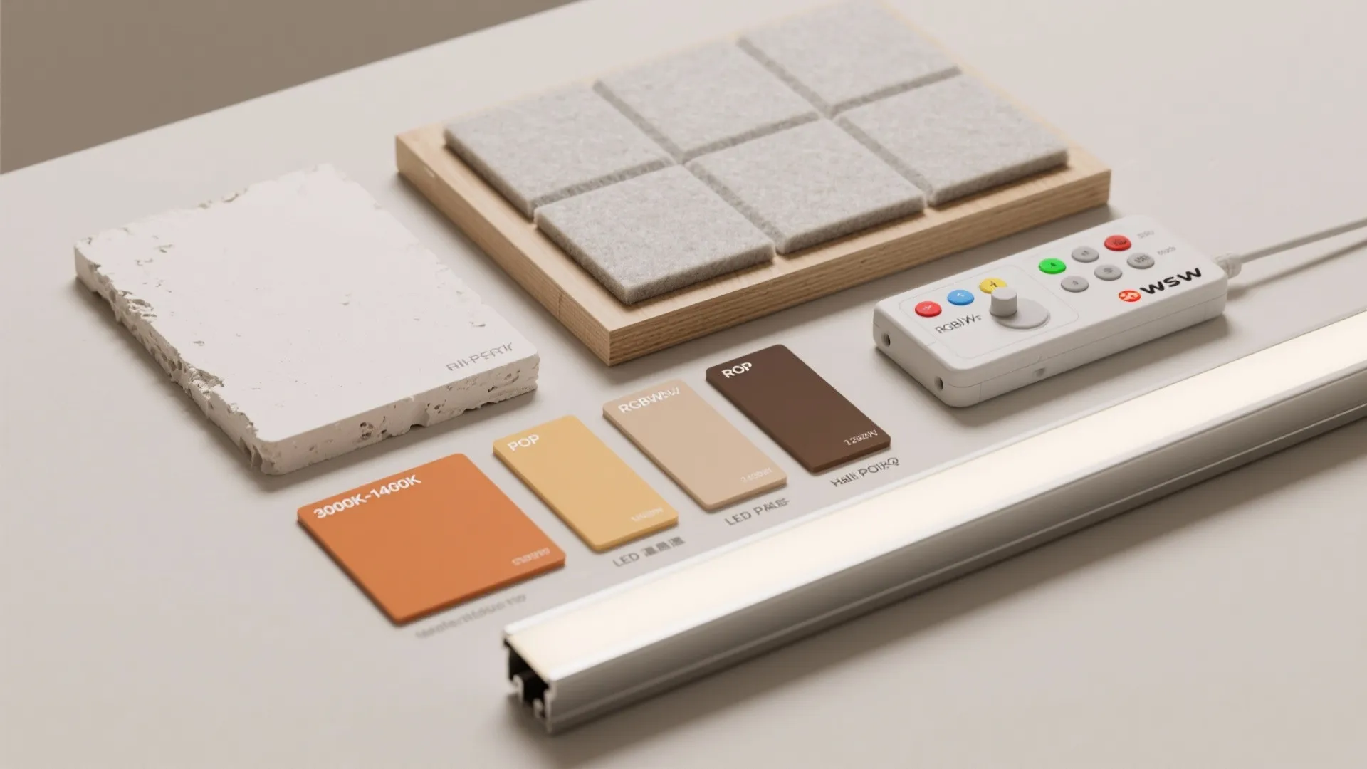 Interior design materials including color samples stone tiles light fixture and remote control on table