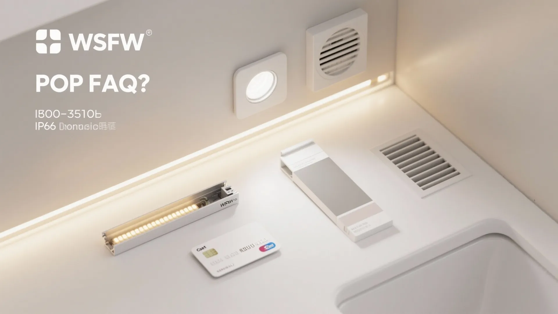 Modern white kitchen counter with wall lights and small accessories including a credit card mockup